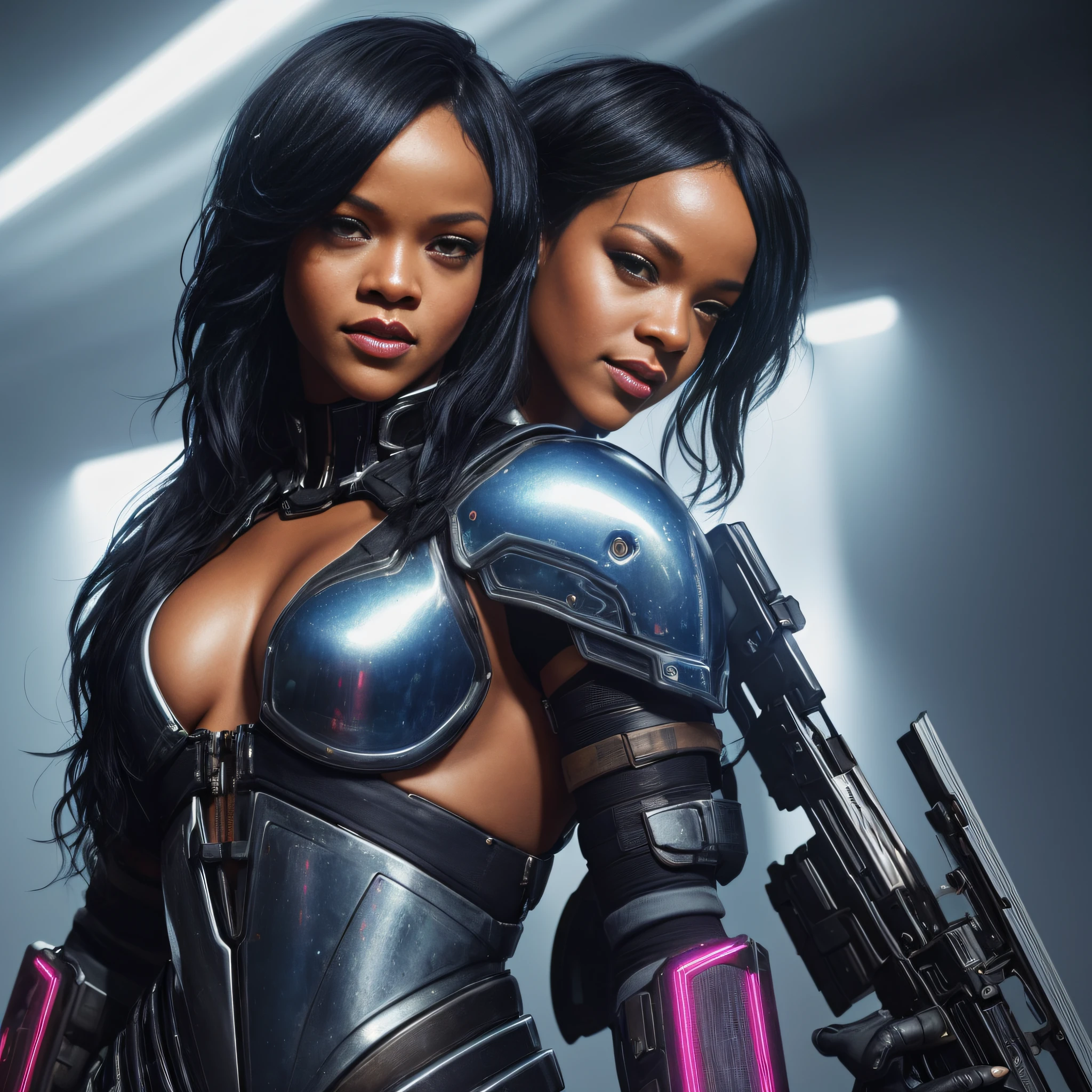 sexy woman Rihanna in cyberpunk style, armor, night, soft lighting, dynamic angle, realistic lighting, smiling, would be, movie scene background, photo by Brooke DiDonato, (natural skin texture, hyperrealism, soft light, sharp: 1.2), (complex details: 1.12), hdr masterpiece, best quality, (highly detailed photo: 1.1), 8k, photorealistic, (SFW),