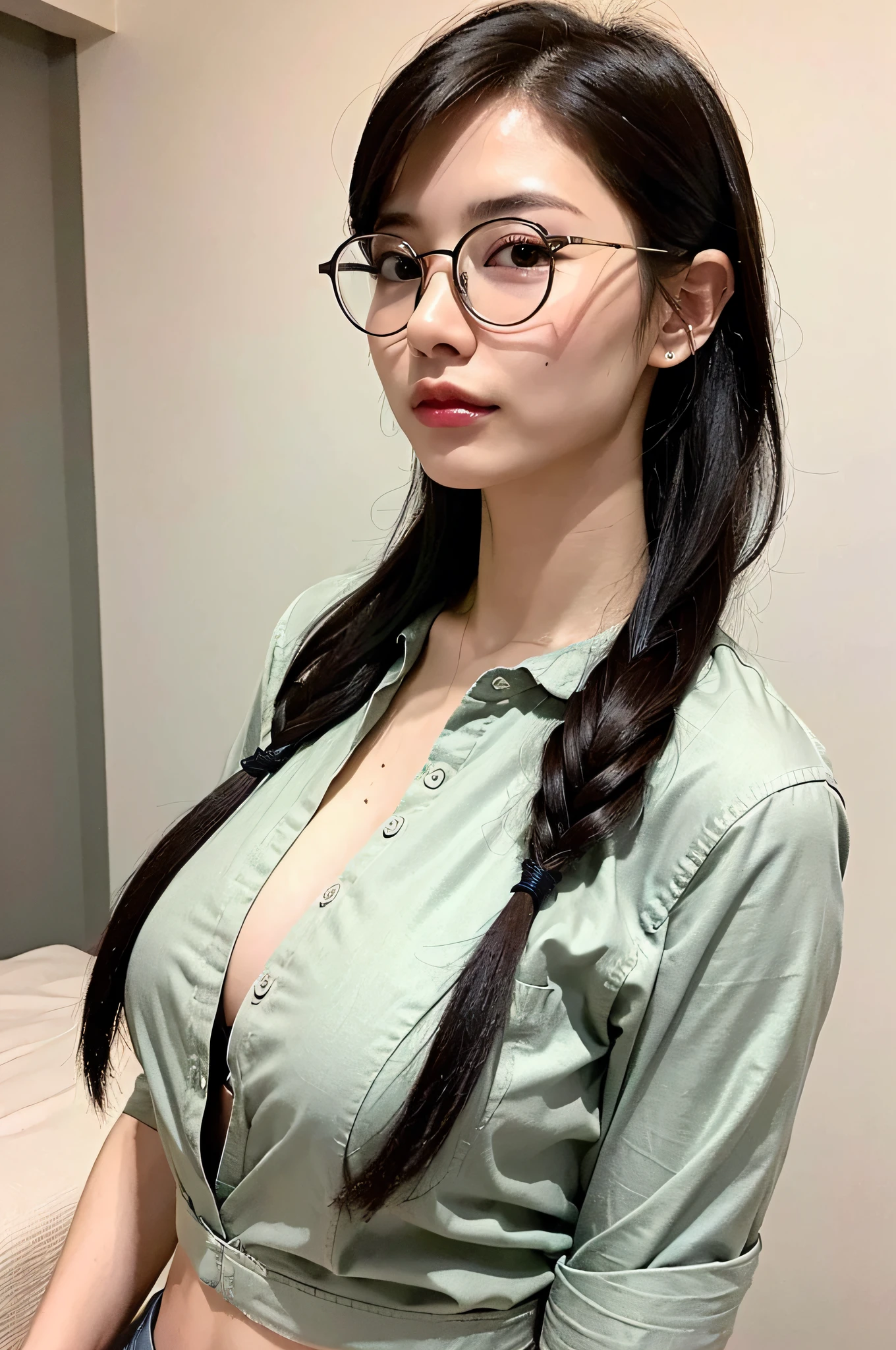 ((Best Quality, 8K, Masterpiece: 1.3)), 1 Girl, Side Shot: 1.2, Beautiful Burmese Woman with Slender Abs: 1.3, (Casual Hairstyle,: 1.2), Big Breasts, Thin Waist, Nurse Wear, Round Glasses, Indoor, Super Detailed Face, Detailed Eyes, Double Eyelids, Full Body
