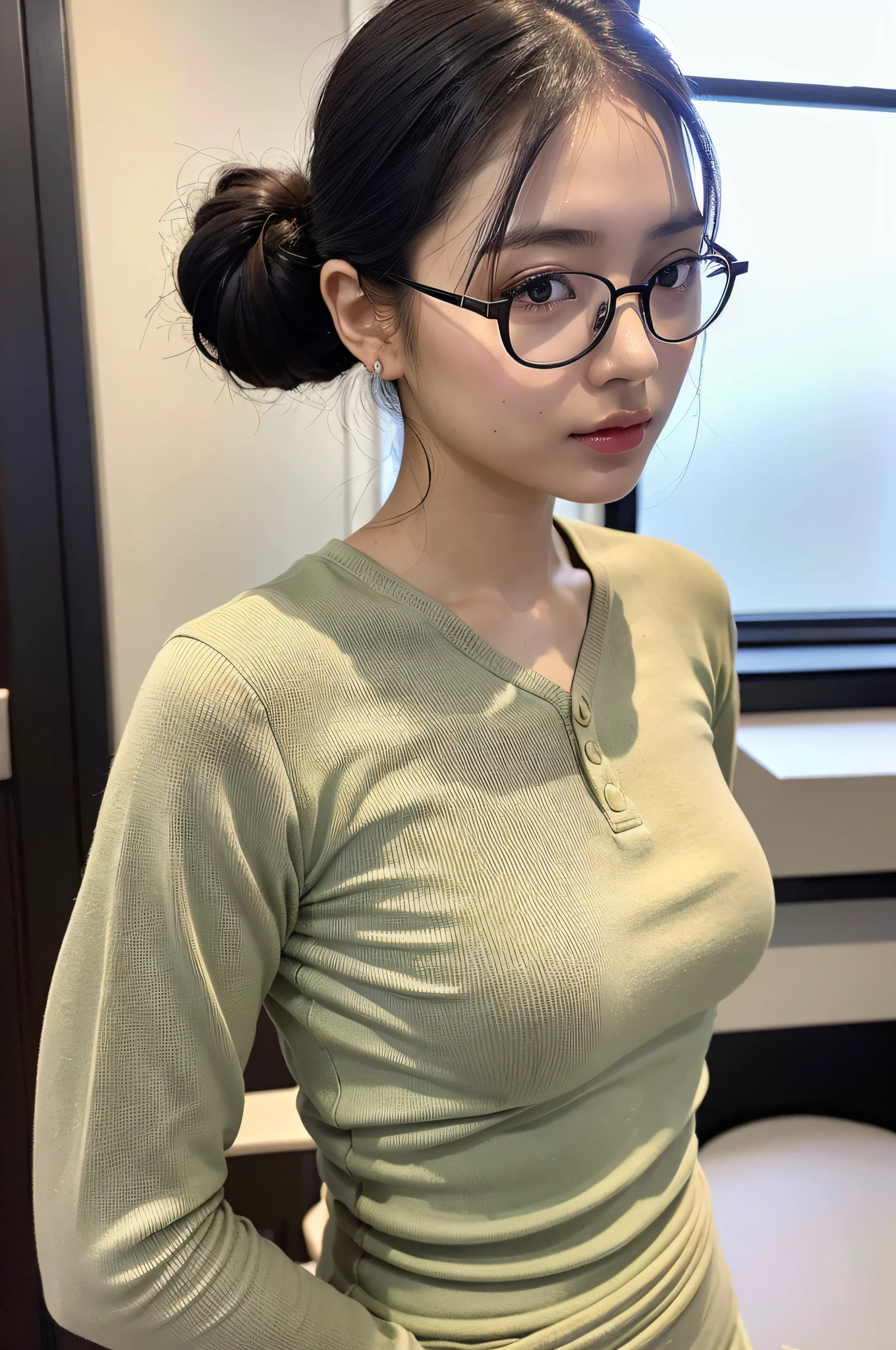 ((Best Quality, 8K, Masterpiece: 1.3)), 1 Girl, Side Shot: 1.2, Beautiful Burmese Woman with Slender Abs: 1.3, (Casual Hairstyle,: 1.2), Big Breasts, Thin Waist, Nurse Wear, Round Glasses, Indoor, Super Detailed Face, Detailed Eyes, Double Eyelids, Full Body