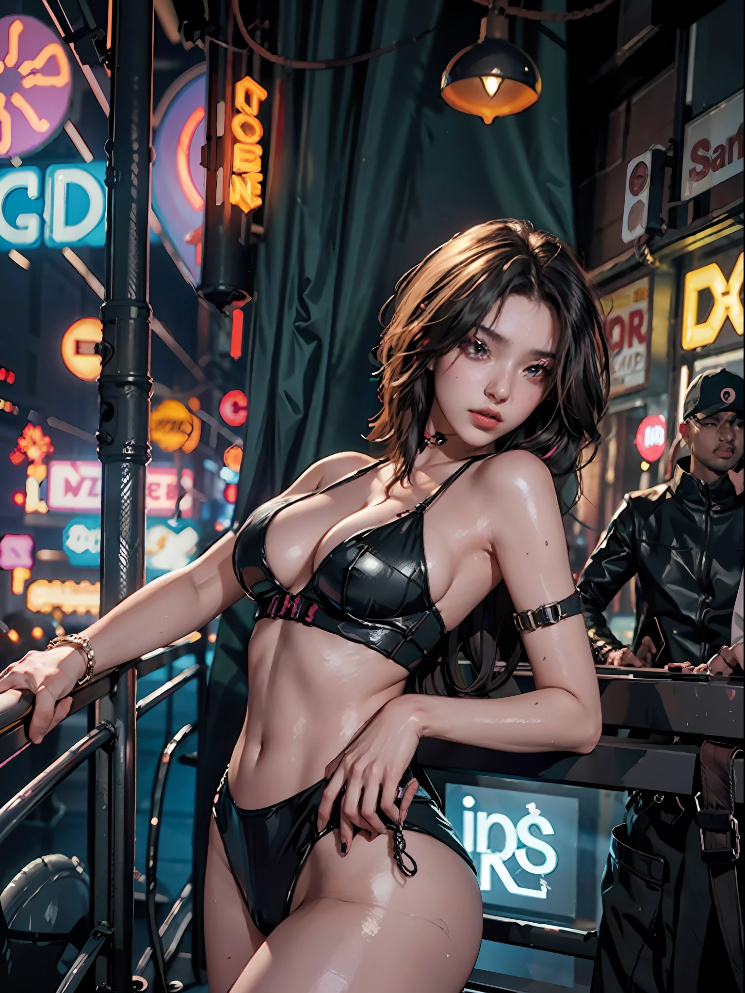 A sexy pure girl with bare breasts flirting with men in a nightclub, movie lighting, neon, colorful, cyberpunk