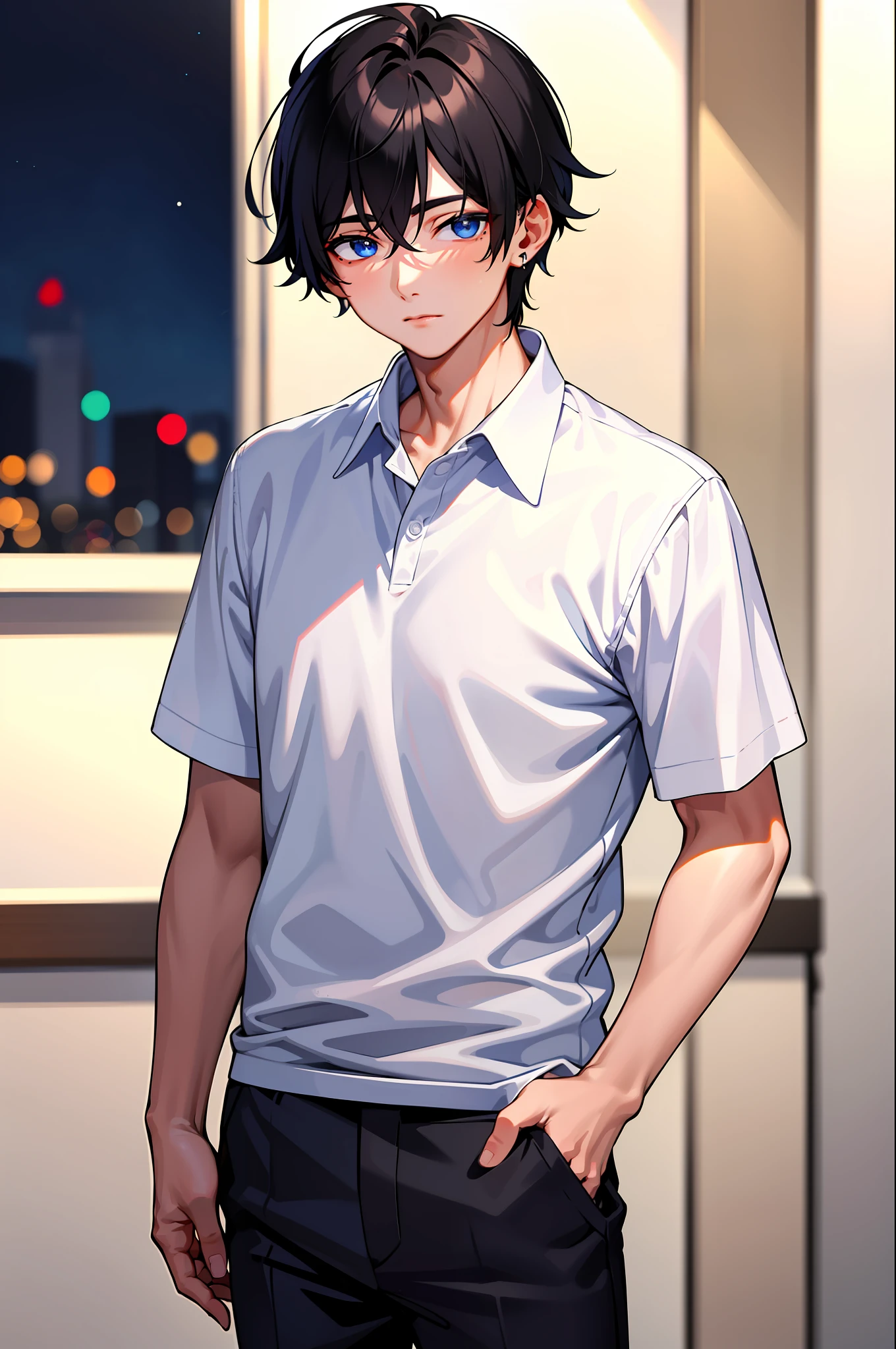 masterpiece, 1boy, night, black hair, blue eyes, white shirt, blood on shirt, mole on earlobe, pants