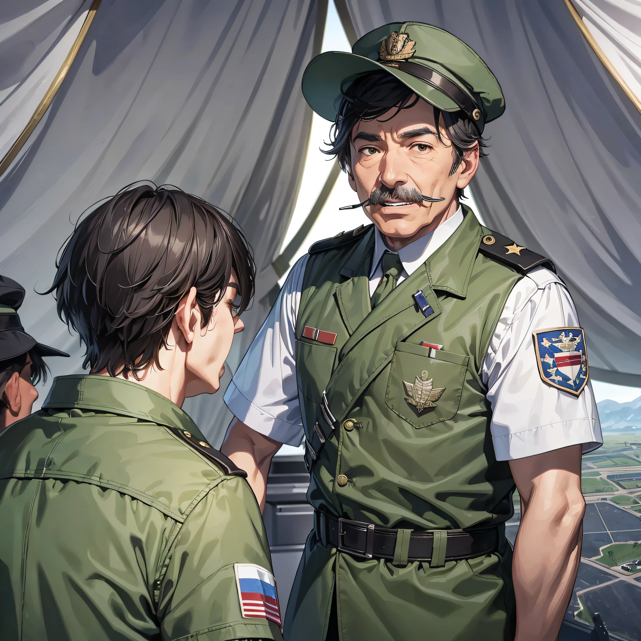 The middle-aged man dressed as the chief of staff with a surprised expression, the background is the large tent of the combat headquarters, there is a map