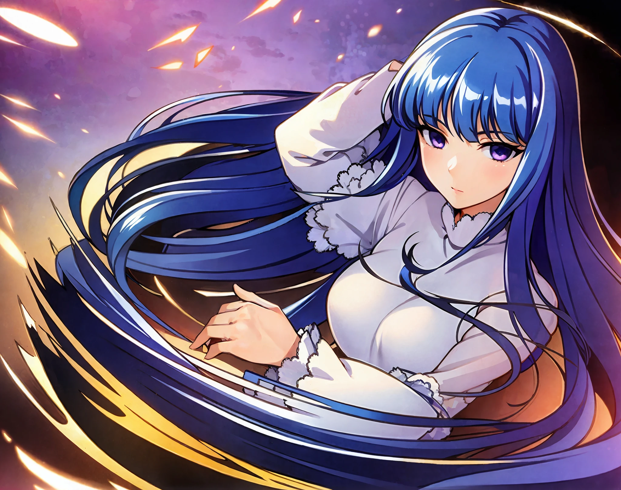 beautiful, masterpiece, best quality, extremely detailed face, perfect lighting, 1girl, solo, top-down bottom-up, frederica bernkastel, blue hair, purple eyes, best quality: 1.5, masterpiece, perfect figure, delicate hands, HDR, detailed body, extremely detailed, higres, beautiful girl, night sky, torrential rain outside, thinking pose