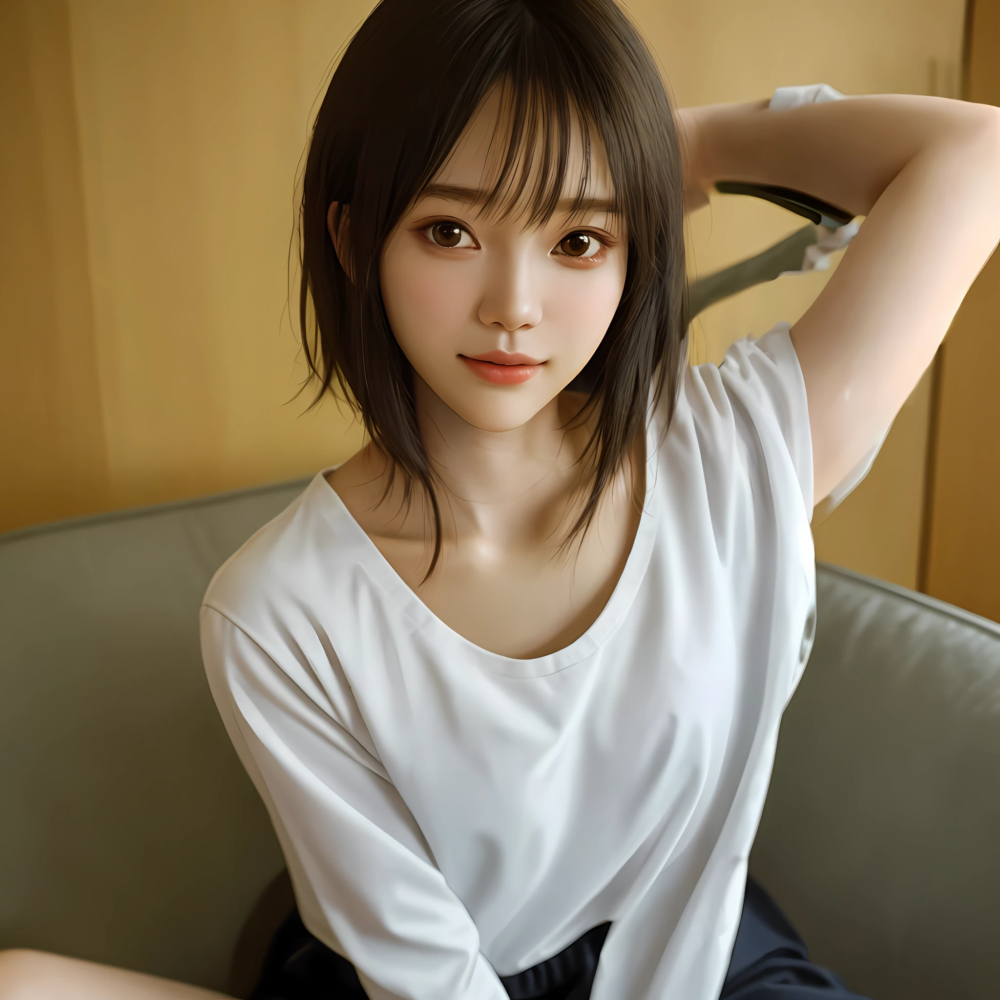 Arms folded behind the head, glasses, short hair