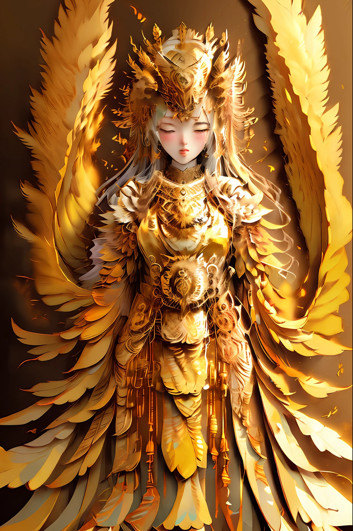 (((masterpiece))),bestquality,illustration,beautifuldetailedglow,
paper_cut, 1girl, solo, owl feathers, gold foil,gold leaf art,