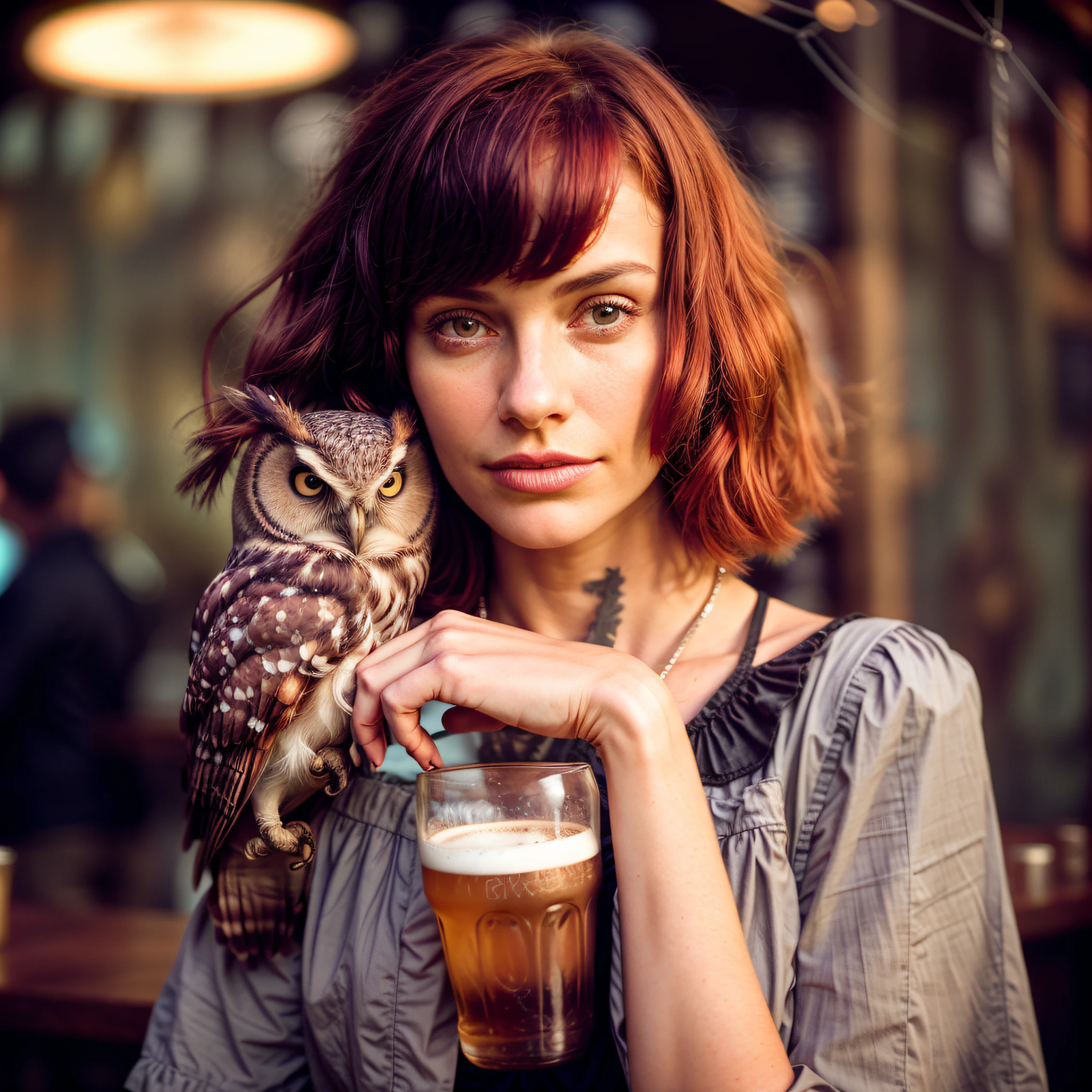 Medium format photo, there is a woman holding a owl and a beer in her hand,, mysterious coffee shop girl, Aero Ektar, bokeh, red a blue lighting, red hair
