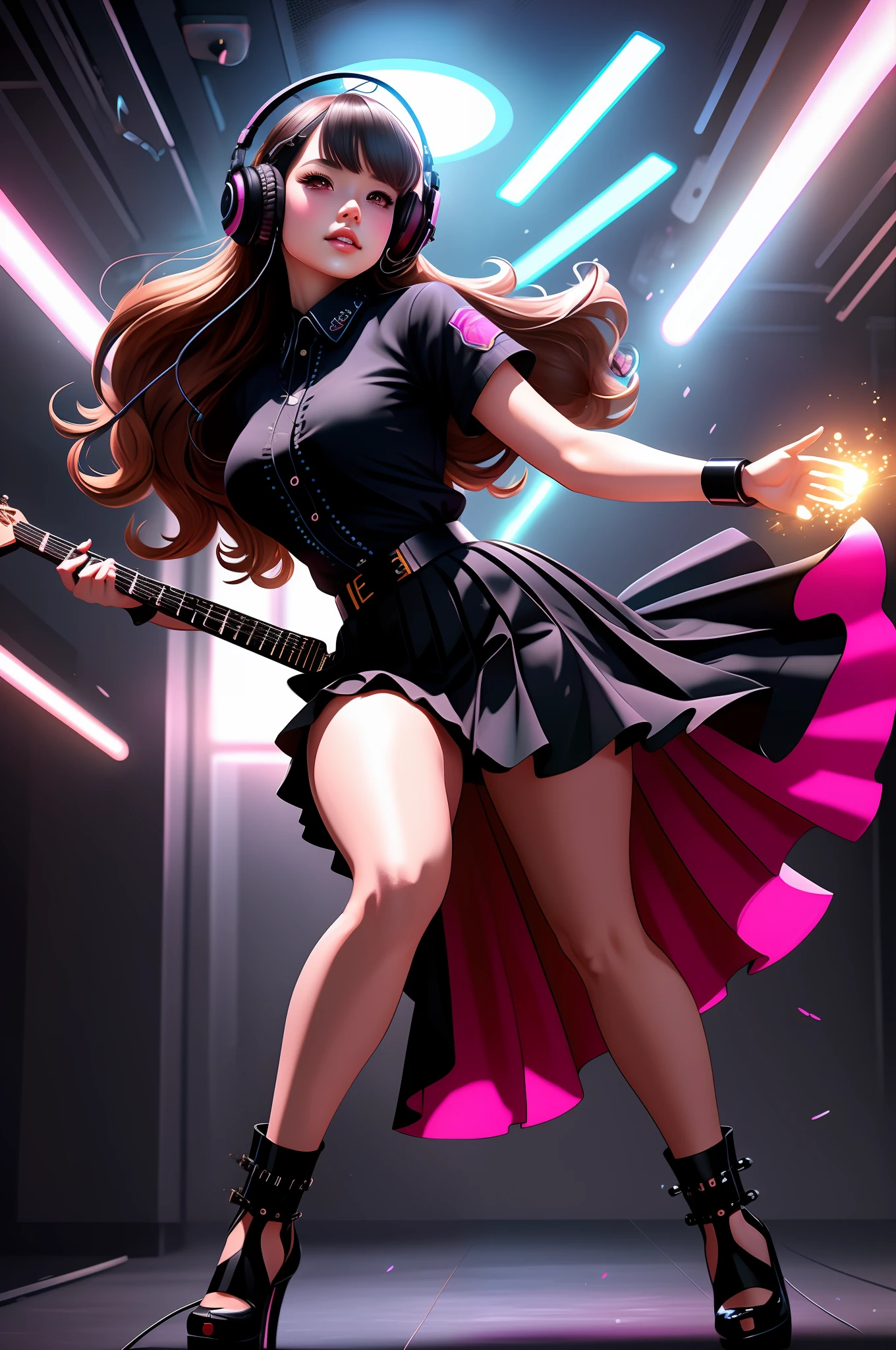 anime girl with a guitar and headphones posing for a picture, she is dancing. realistic, epic digital art illustration, rossdraws global illumination, stunning digital illustration, rossdraws volumetric lighting, rossdraws cartoon vibrant, style artgerm, rossdraws digital painting, rossdraws 1. 0, deviantart artstation cgscosiety, ross tran style