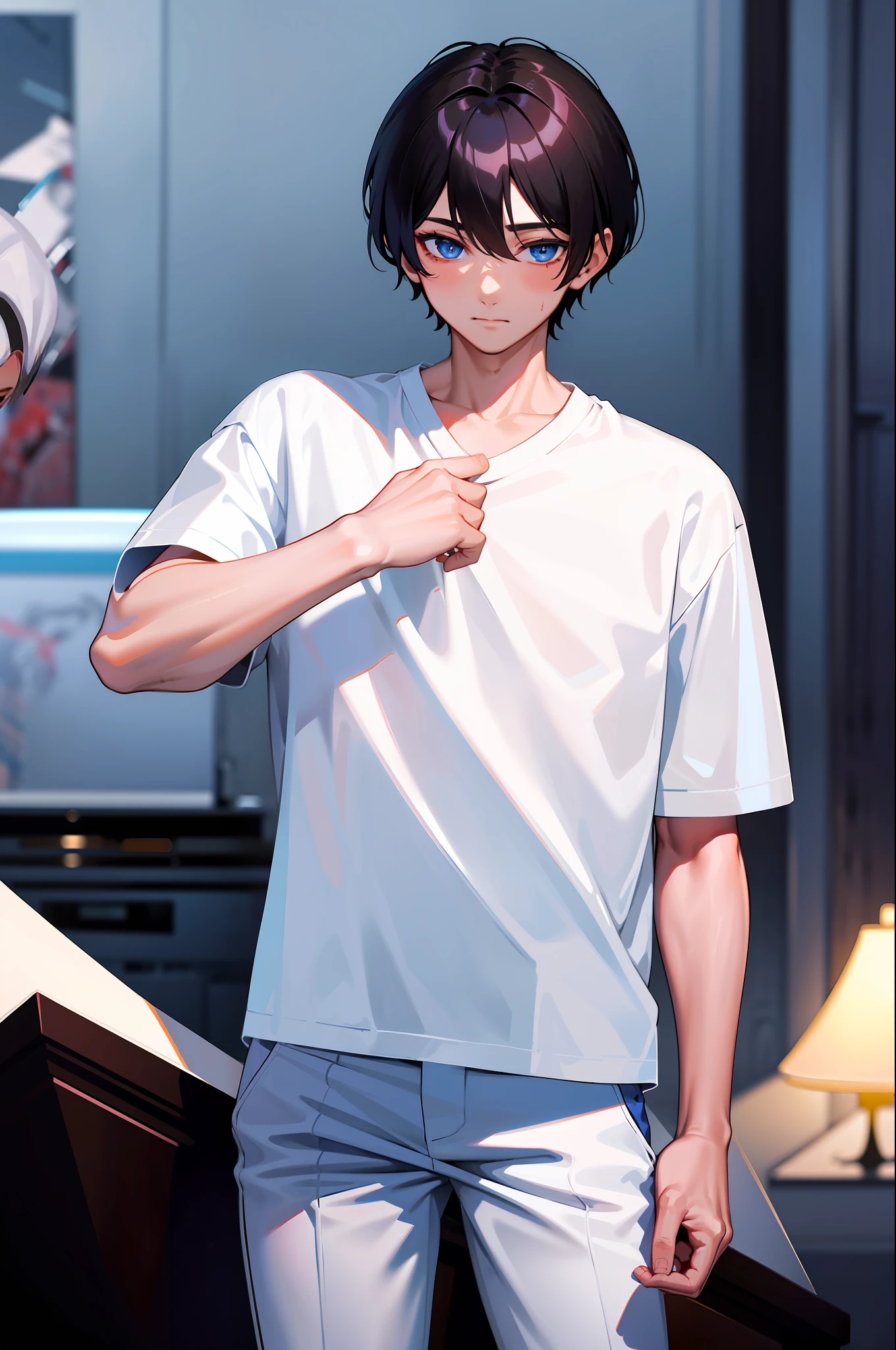 masterpiece, 1boy, night, black hair, blue eyes, white shirt, blood on shirt, pants