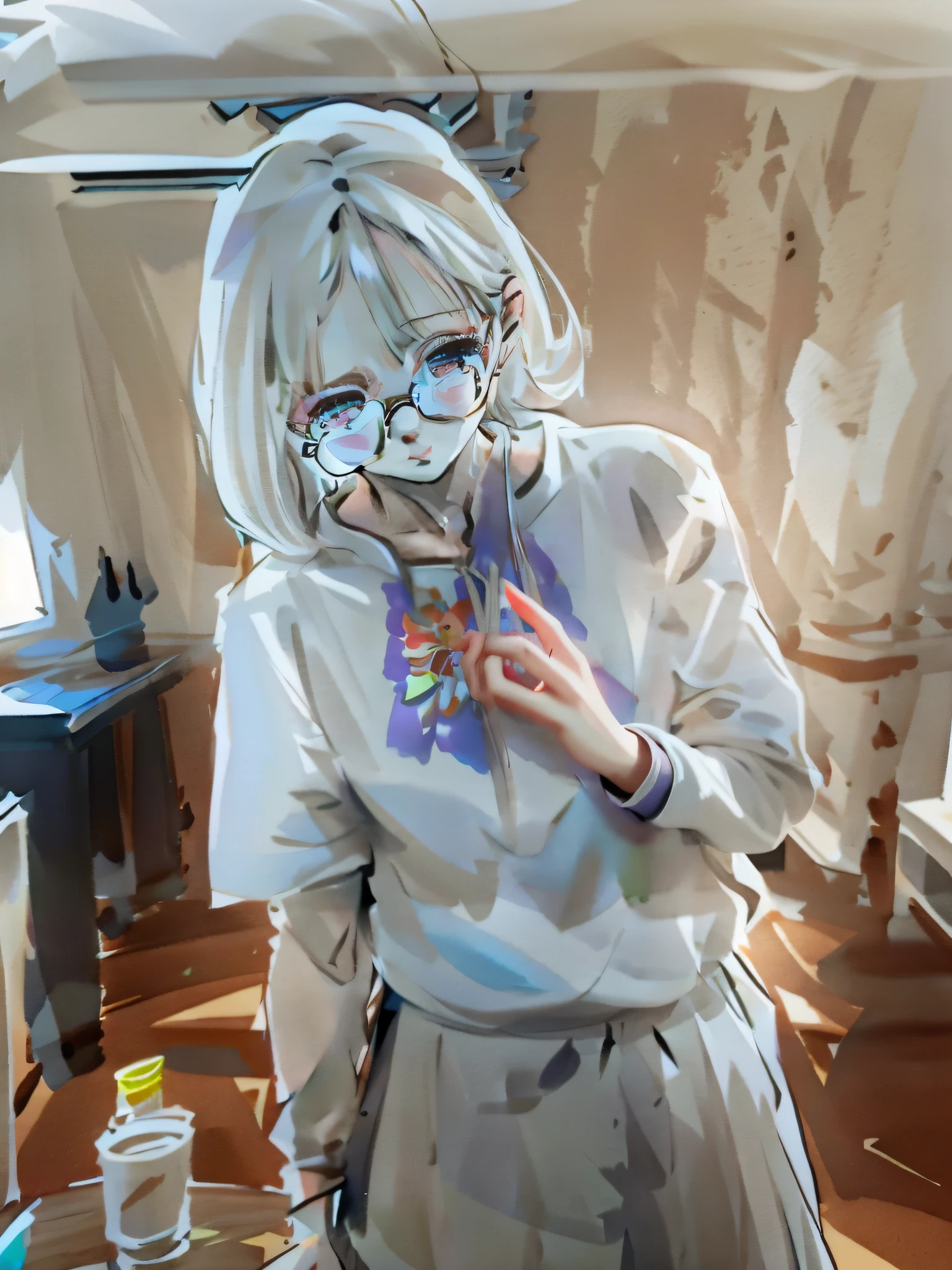 anime girl with glasses and a hoodie standing in a room, painted in anime painter studio, artwork in the style of guweiz, made with anime painter studio, anime moe artstyle, digital anime illustration, guweiz, [ 4 k digital art ]!!, anime style 4 k, digital anime art, anime style. 8k, lofi portrait