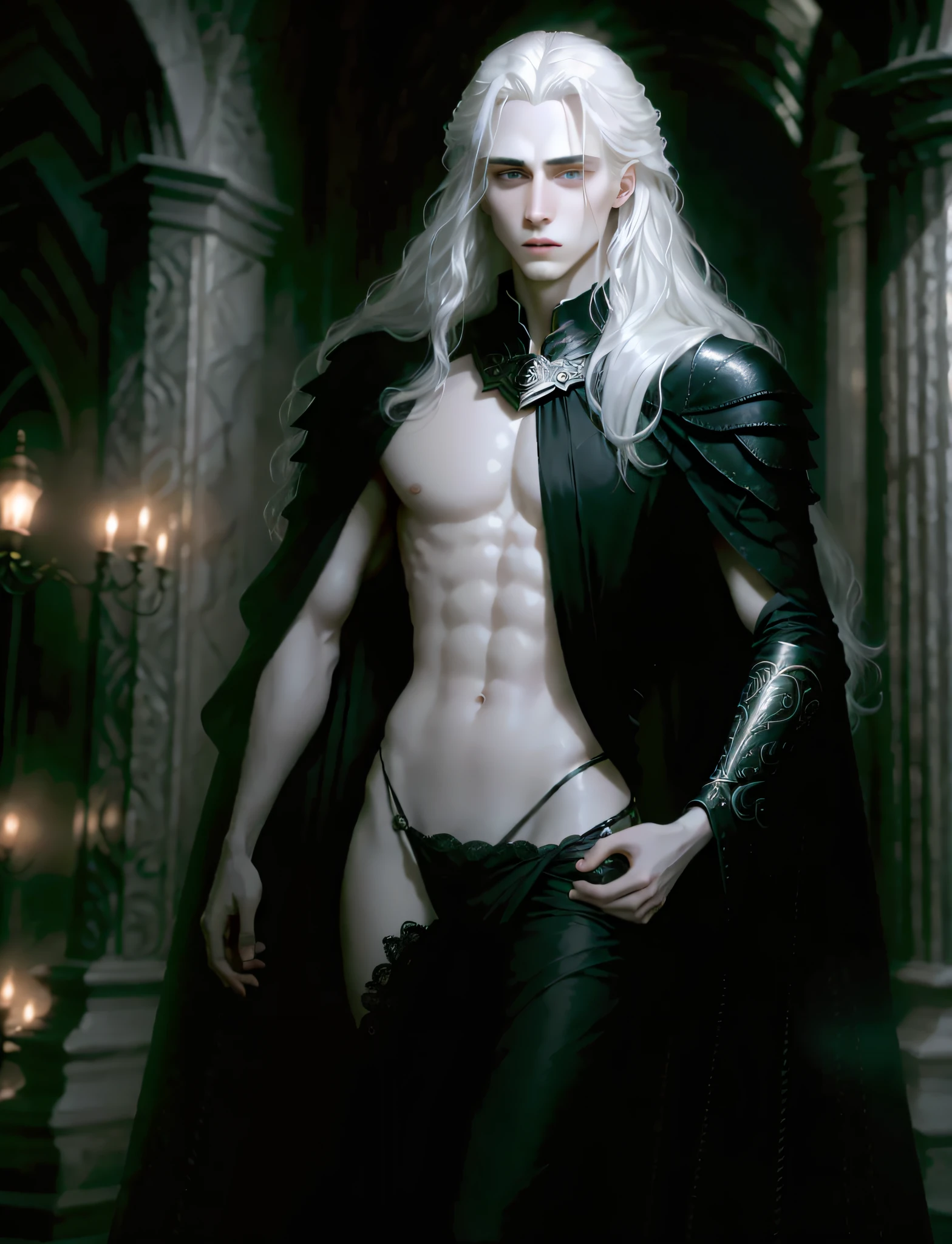 masterpiece, highest quality, (solo focus), (perfect face:1.1), (high detail:1.1), dramatic, 1guy, (pale skin), long white hair, white eyes, (light eyebrows), solo, long hair, Gerhard Freidl, moon, night, white luxury thong, covered navel, pouty lips, fur, arrogant expression, futuristic city, detailed background, art by artgerm, cinematic lighting, roses, fashion, BalenciagaStyle