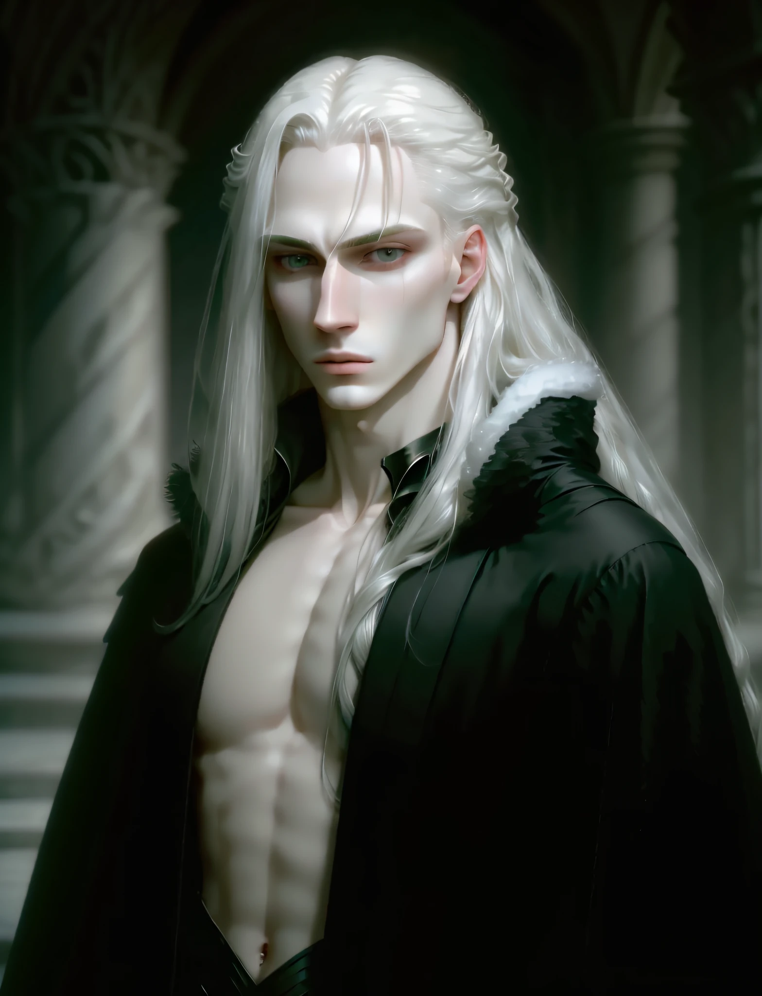 masterpiece, highest quality, (solo focus), (perfect face:1.1), (high detail:1.1), dramatic, 1guy, (pale skin), long white hair, white eyes, (light eyebrows), solo, long hair, Gerhard Freidl, moon, night, white luxury thongcovered navel, pouty lips, fur, arrogant expression, futuristic city, detailed background, art by artgerm, cinematic lighting, roses, fashion, BalenciagaStyle