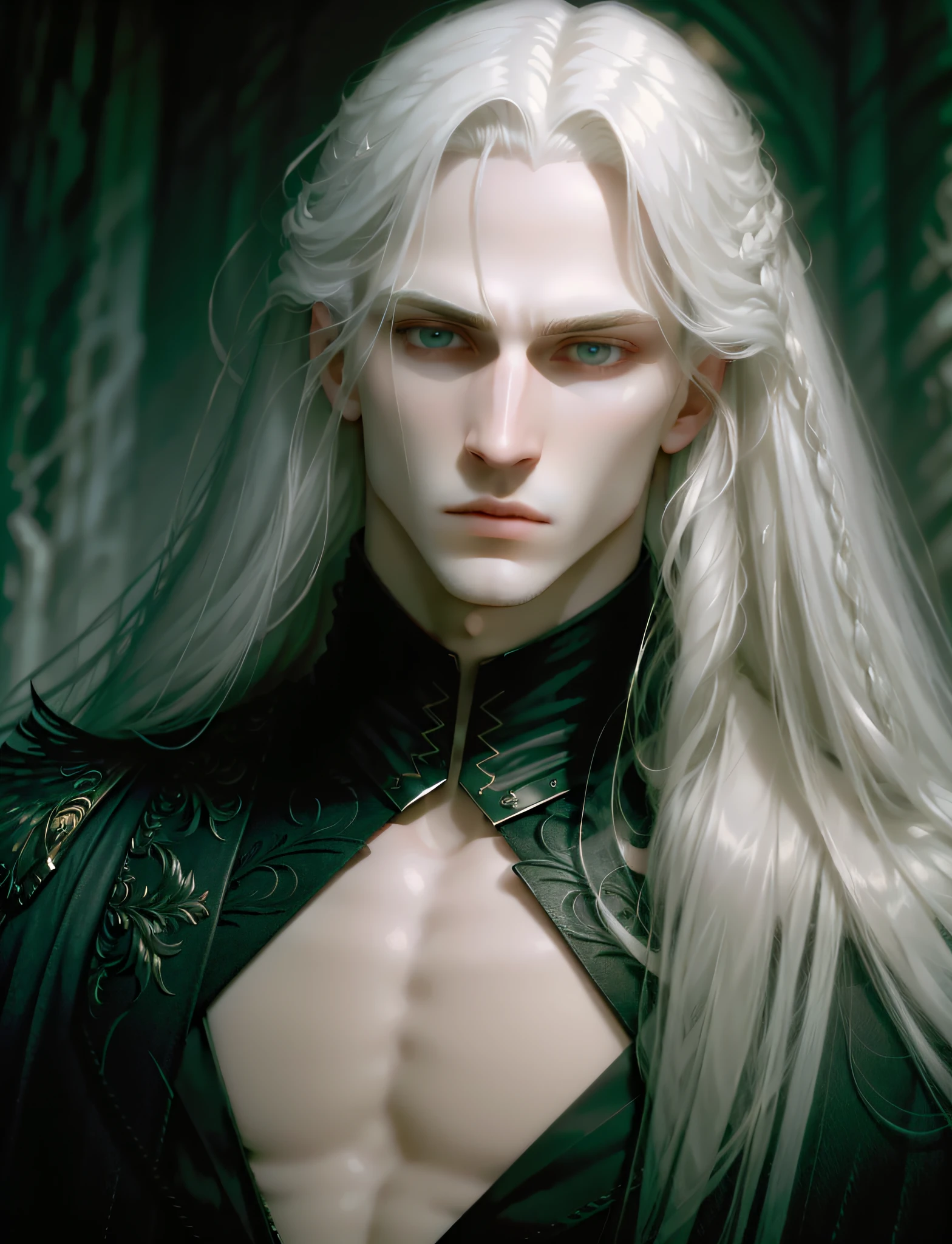 masterpiece, highest quality, (solo focus), (perfect face:1.1), (high detail:1.1), dramatic, 1guy, (pale skin), long white hair, white eyes, (light eyebrows), solo, long hair, Gerhard Freidl, moon, night, white luxury thongcovered navel, pouty lips, fur, arrogant expression, futuristic city, detailed background, art by artgerm, cinematic lighting, roses, fashion, BalenciagaStyle