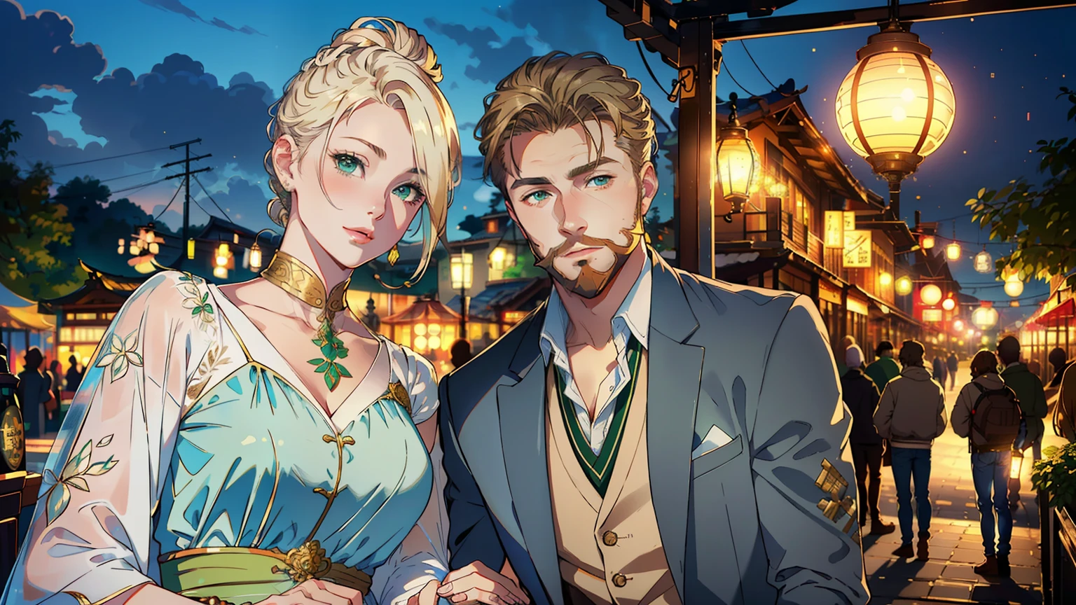 (1 blonde girl with green eyes), (1 adult brunet man with beard), (male and female), (masterpiece:1.2, best quality), girl with a bun, happy couple, (correct anatomy), a high resolution, (beautiful detailed faces), (detailed beautiful eyes: 1.2), ((anatomically correct hands)), (detailed 8k wallpaper, masterpiece, best quality, best shadow), ( detailed background), (depth of field, bokeh:1.2), (best illumination, an extremely delicate and beautiful), semi-realistic, evening dramatic lighting, sunset sky, in the background asian festival