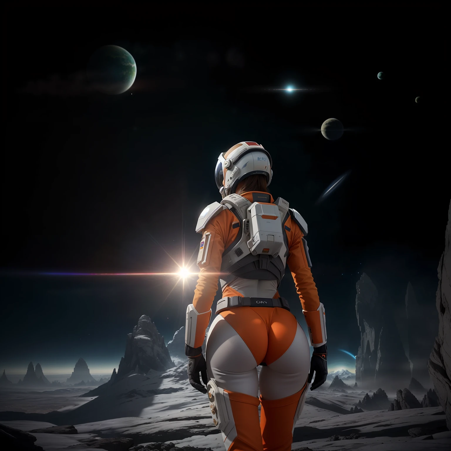 rear angle, Highly detailed RAW color Photo, Rear Angle, Full Body, of (female space soldier, wearing orange and white space suit, helmet, tined face shield, rebreather, accentuated booty), outdoors, (looking up at advanced alien structure, on alien planet), toned body, big butt, (sci-fi), (mountains:1.1), (lush green vegetation), (two moons in sky:0.8), (highly detailed, hyperdetailed, intricate), ((DAY TIME)), (lens flare:0.7), (bloom:0.7), particle effects, raytracing, cinematic lighting, shallow depth of field, photographed on a Sony a9 II, 50mm wide angle lens, sharp focus, cinematic film still from Gravity 2013, from behind