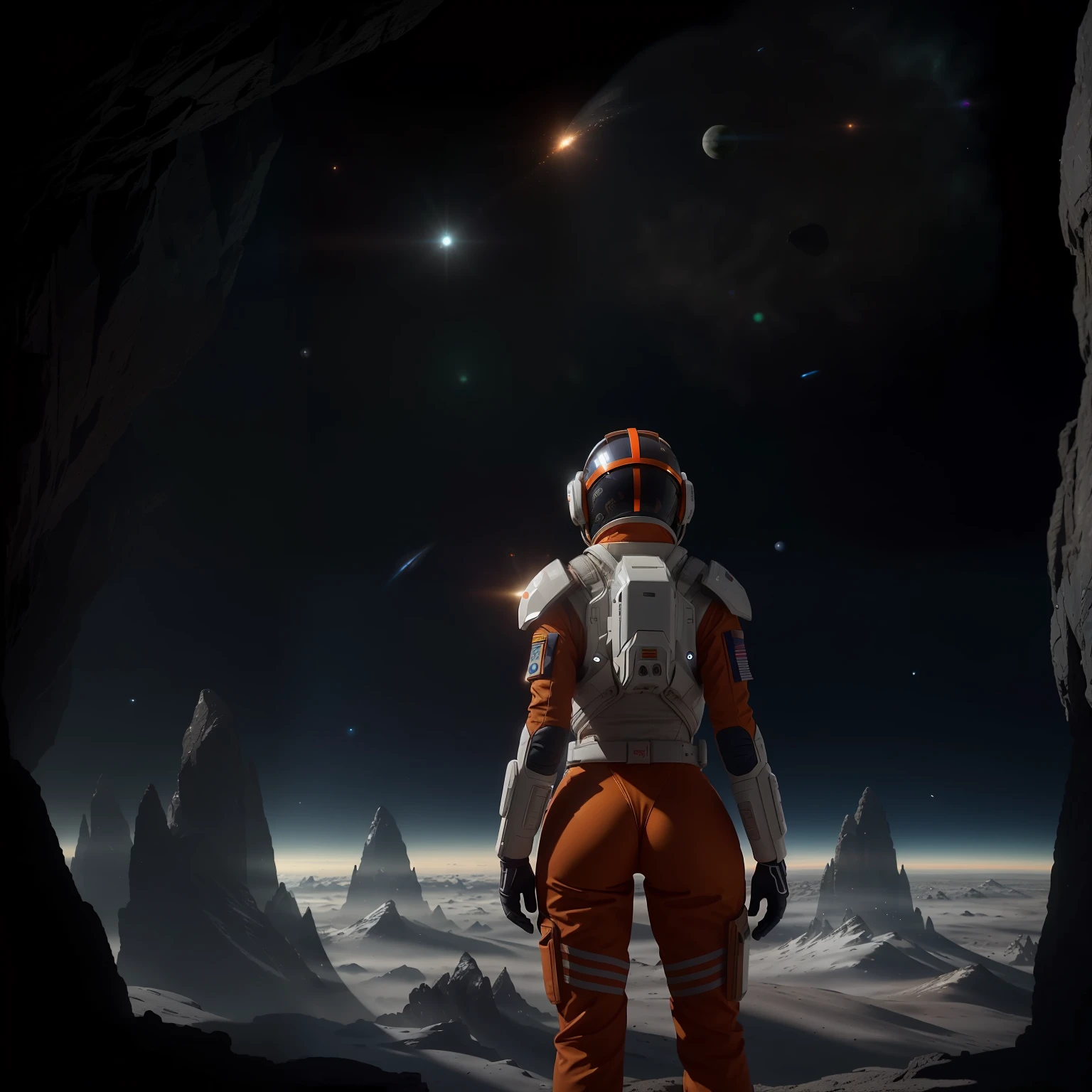 rear angle, Highly detailed RAW color Photo, Rear Angle, Full Body, of (female space soldier, wearing orange and white space suit, helmet, tined face shield, rebreather, accentuated booty), outdoors, (looking up at advanced alien structure, on alien planet), toned body, big butt, (sci-fi), (mountains:1.1), (lush green vegetation), (two moons in sky:0.8), (highly detailed, hyperdetailed, intricate), ((DAY TIME)), (lens flare:0.7), (bloom:0.7), particle effects, raytracing, cinematic lighting, shallow depth of field, photographed on a Sony a9 II, 50mm wide angle lens, sharp focus, cinematic film still from Gravity 2013, from behind