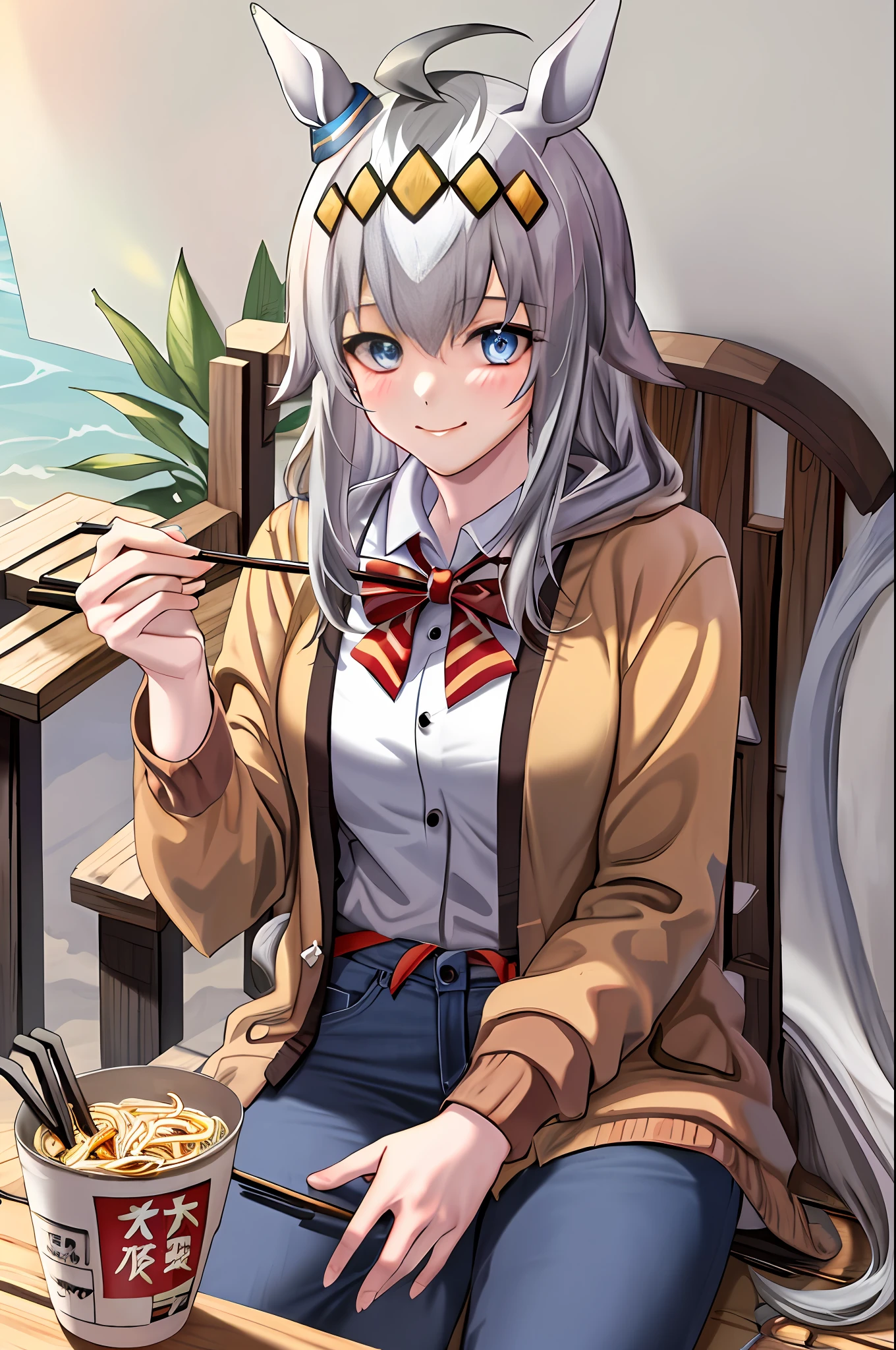 (8k, RAW photos, top quality, masterpieces), (solo, 1 girl, sitting:1.1, ahoge: 1.2),ichiraku ramen, (eating ramen noodles:1.0), holding chopsticks and ramen bowl, slurp one's noodles, sunlight, professional lighting, photon mapping, radiosity, physically based rendering, wanza beach, Oguri Cap \(uma musume\), red nose, cute face, sensual, smile, White shirt, light brown cardigan, openwear, jeans horse tail, horse girl, glint, ears covering hair, horse ears,