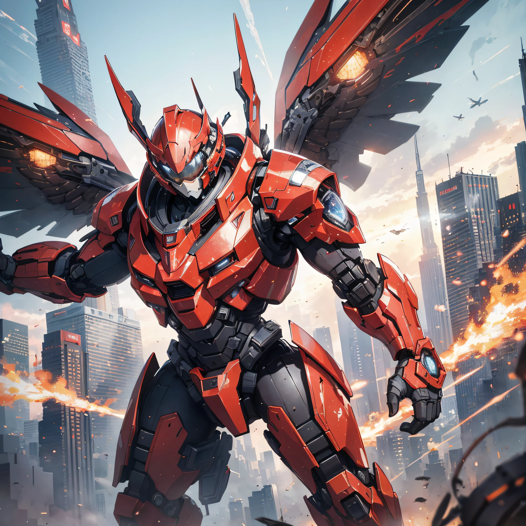 Absurd resolution, high resolution, (masterpiece: 1.4), hyper-detail, a mech, red armor with red wings, floating flight in the sky (1.8) background is wild, fire