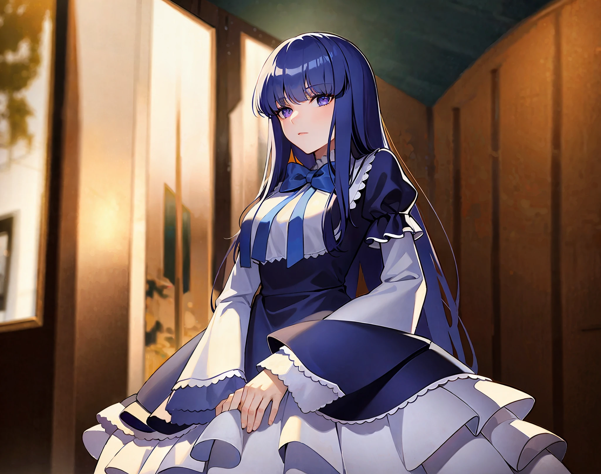 beautiful, masterpiece, best quality, extremely detailed face, perfect lighting, 1girl, solo, top-down bottom-up, frederica bernkastel, blue hair, purple eyes, best quality: 1.5, masterpiece, perfect figure, delicate hands, HDR, detailed body, extremely detailed, higres, beautiful girl, night sky, torrential rain outside, thinking pose, sitting