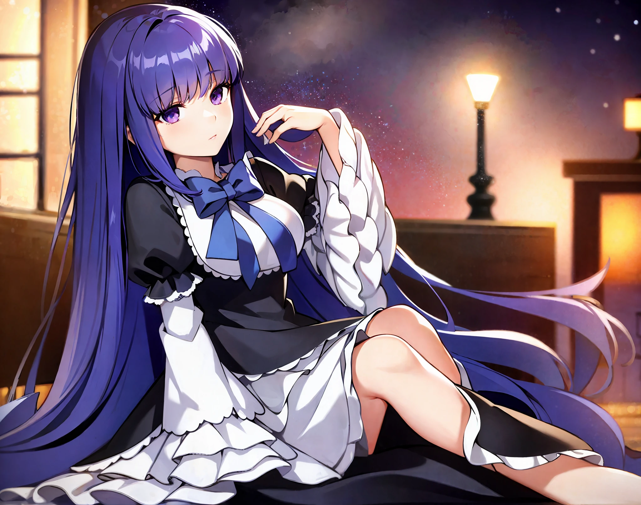 beautiful, masterpiece, best quality, extremely detailed face, perfect lighting, 1girl, solo, top-down bottom-up, frederica bernkastel, blue hair, purple eyes, best quality: 1.5, masterpiece, perfect figure, delicate hands, HDR, detailed body, extremely detailed, higres, beautiful girl, night sky, torrential rain outside, thinking pose, sitting