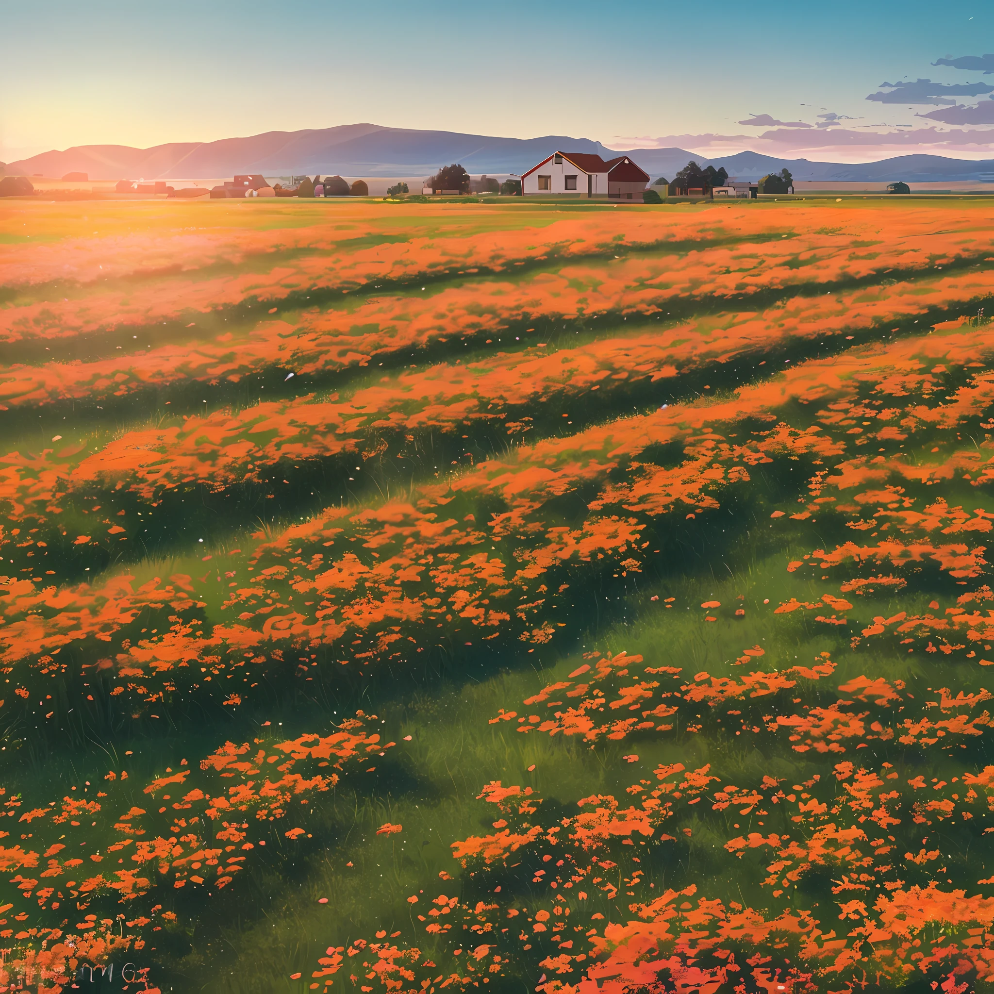 Quality 8K Spring weather, sunset with orange sky illuminating the plain place with a lake where in the middle has a field of very green grass and many flowers with a tree 6 meters high well flowered with some pink flowers on the ground around it flowers falling with 3 wooden houses in the background and a sheep pasture in a pen