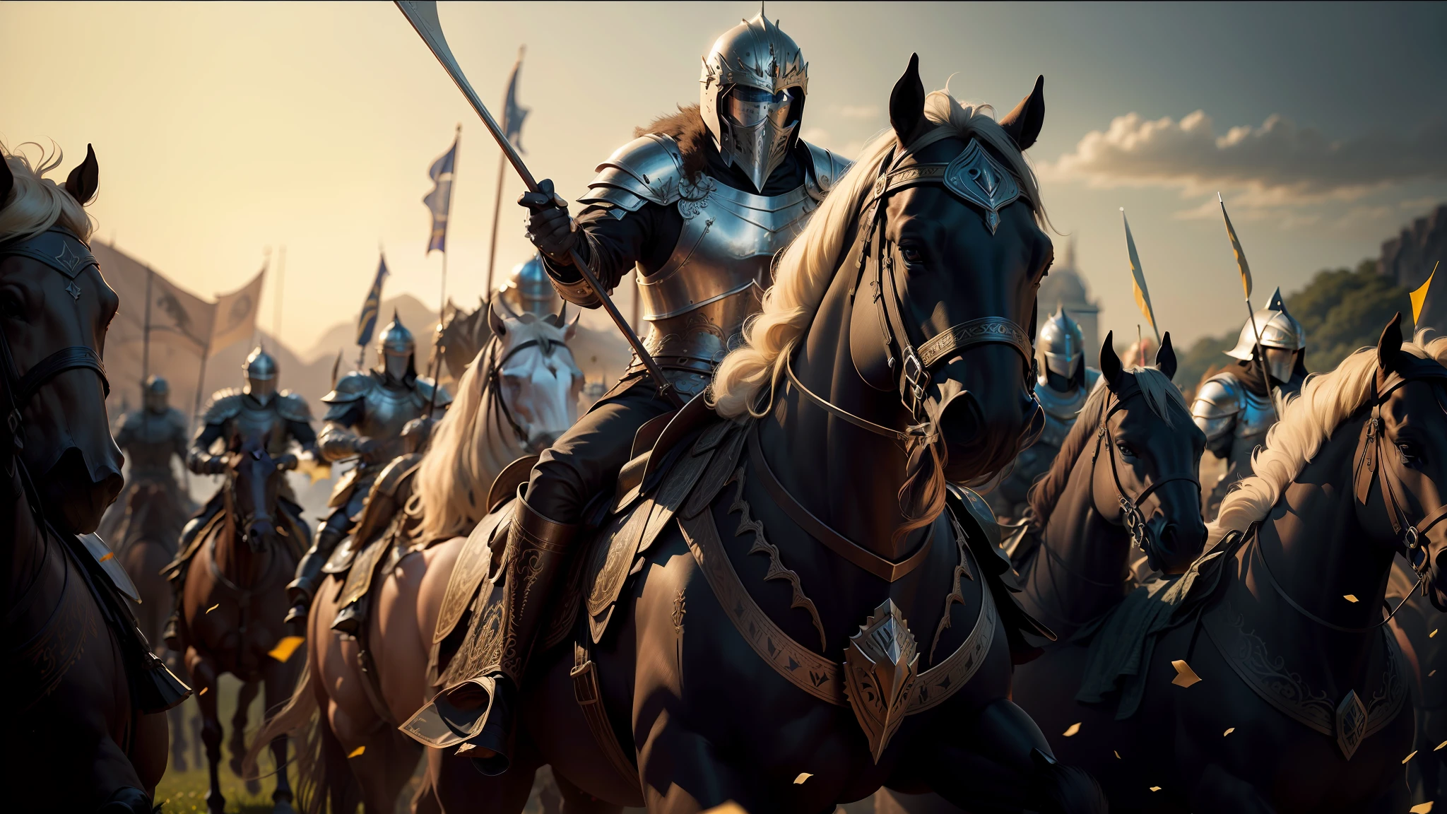 there are many people with closed helmets riding horses in a field with spears, surreal cinematic rendering engine, black shirt underneath armor, ornate filigree armor, anamorphic flags, 8k resolution - w 1024, car vs rider, knights, price of persia movie, arnold renderer