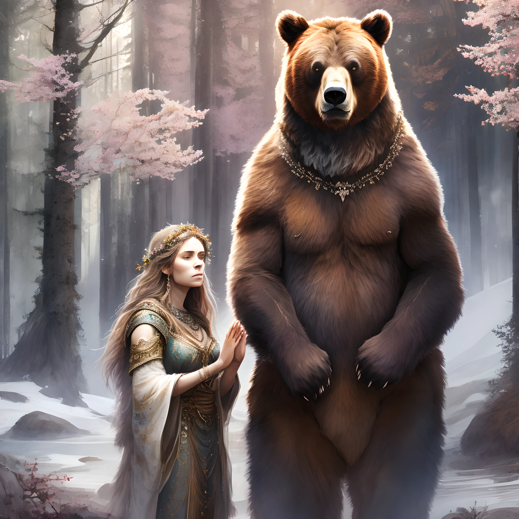 hyper-realism, celestial and twilight background A beautiful druid woman stands in with her hands raised in reverence to the bear that is by her side --auto --s2