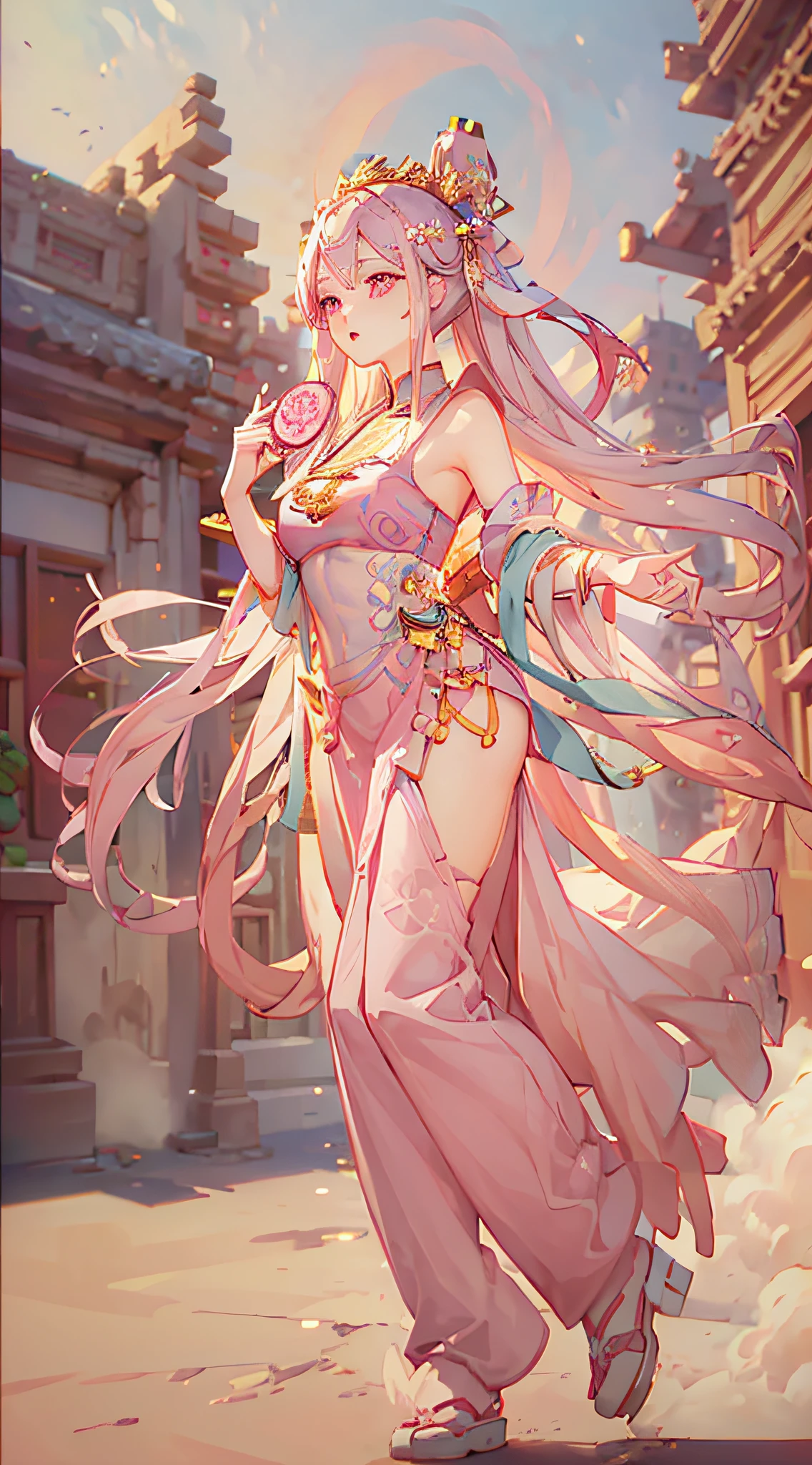 (masterpiece, best quality, ultra-detailed), 1girl, white dunhuang_cloths, pink pattern, fans, pink eyes, white hair, detailed background, (day), (ancient china building), outdoor, full body