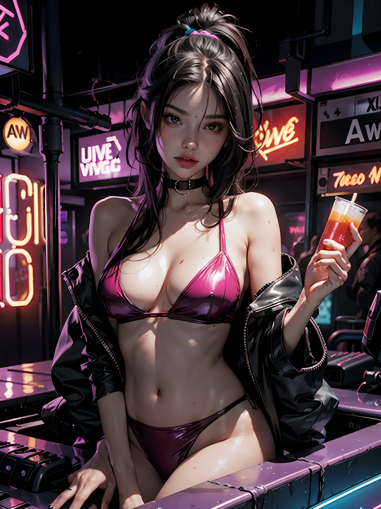 A sexy pure girl with exposed breasts and liquid on her body is touched by men in a nightclub, movie lighting, neon lights, colorful, cyberpunk