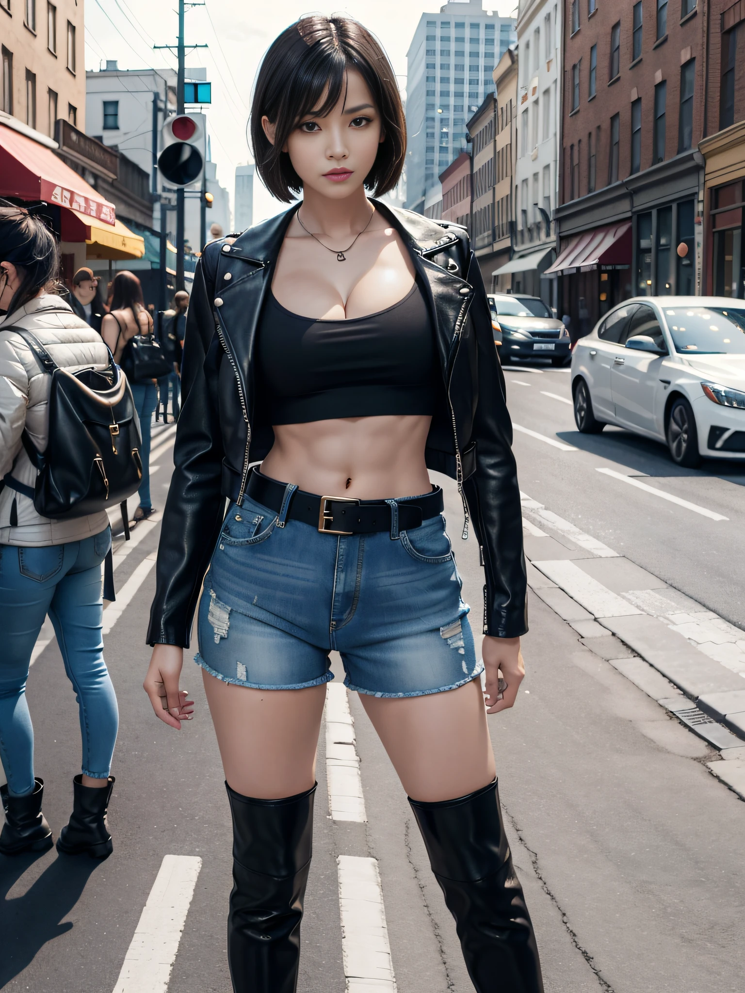 (front focus), (in the dark: 1.6), photorealism, dynamic lighting, volumetric lighting, very detailed faces, 4 k, detailed, highest quality, award-winning, street, street background, sunny, daytime, sunny, sunny, 1girl, low key, cowboy shot, (official uniform: 1.4), short hair, black hair, oblique bangs, bobo head, f-cups, cleavage, beautiful breasts, slim figure, slim body, slim, biker leather jacket, skinny denim shorts, hot pants, Shorts, belt, crop top, open waist, few abs, white lining, boots, leather boots