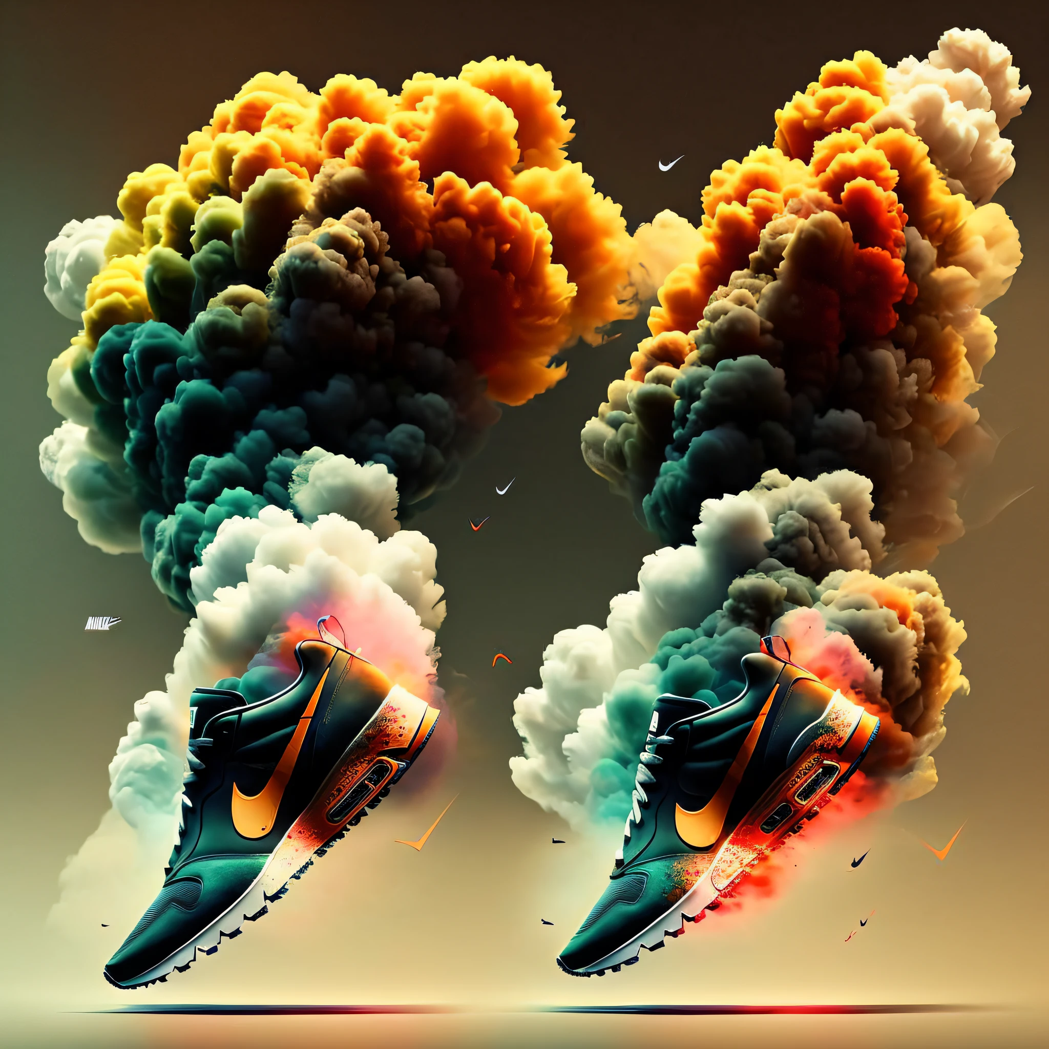 shoes, sneakers, sneakers, shoes, a pair of shoes with Nike logo, masterpiece; Behance HD, powerful explosions, clouds of smoke,