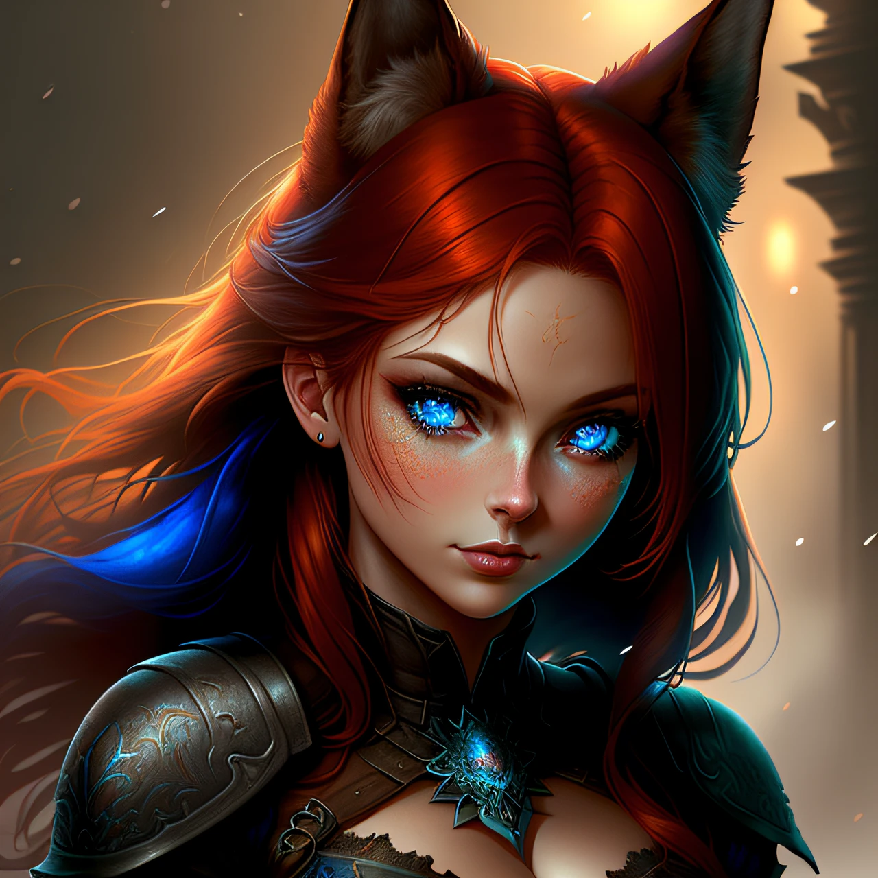 a redhead fox-girl with blue eyes, (dark shot:1.17), epic realistic, faded, ((neutral colors)), art, (hdr:1.5), (muted colors:1.2), hyperdetailed, (artstation:1.5), cinematic, warm lights, dramatic light, (intricate details:1.1), complex background, (rutkowski:0.8), (teal and orange:0.4)