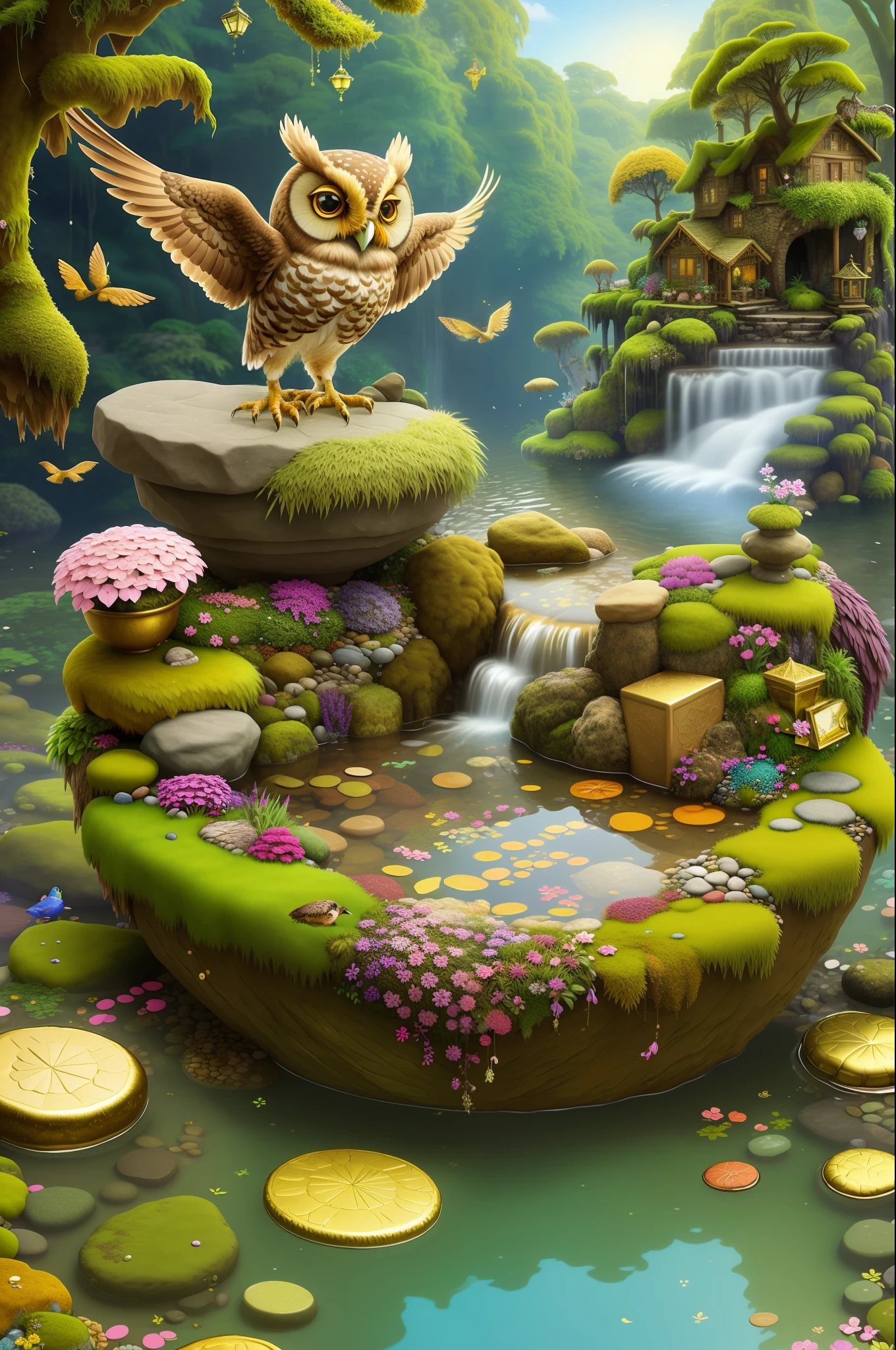 isometric 3d art of floating giant owl, many multi-layered gold leaf art, cobblestones, flowers, verdant, stones, colorfully moss, fish pool, waterfall, simple background, ultra realistic,  lots of stuffed gems and various clutter and mess in background
