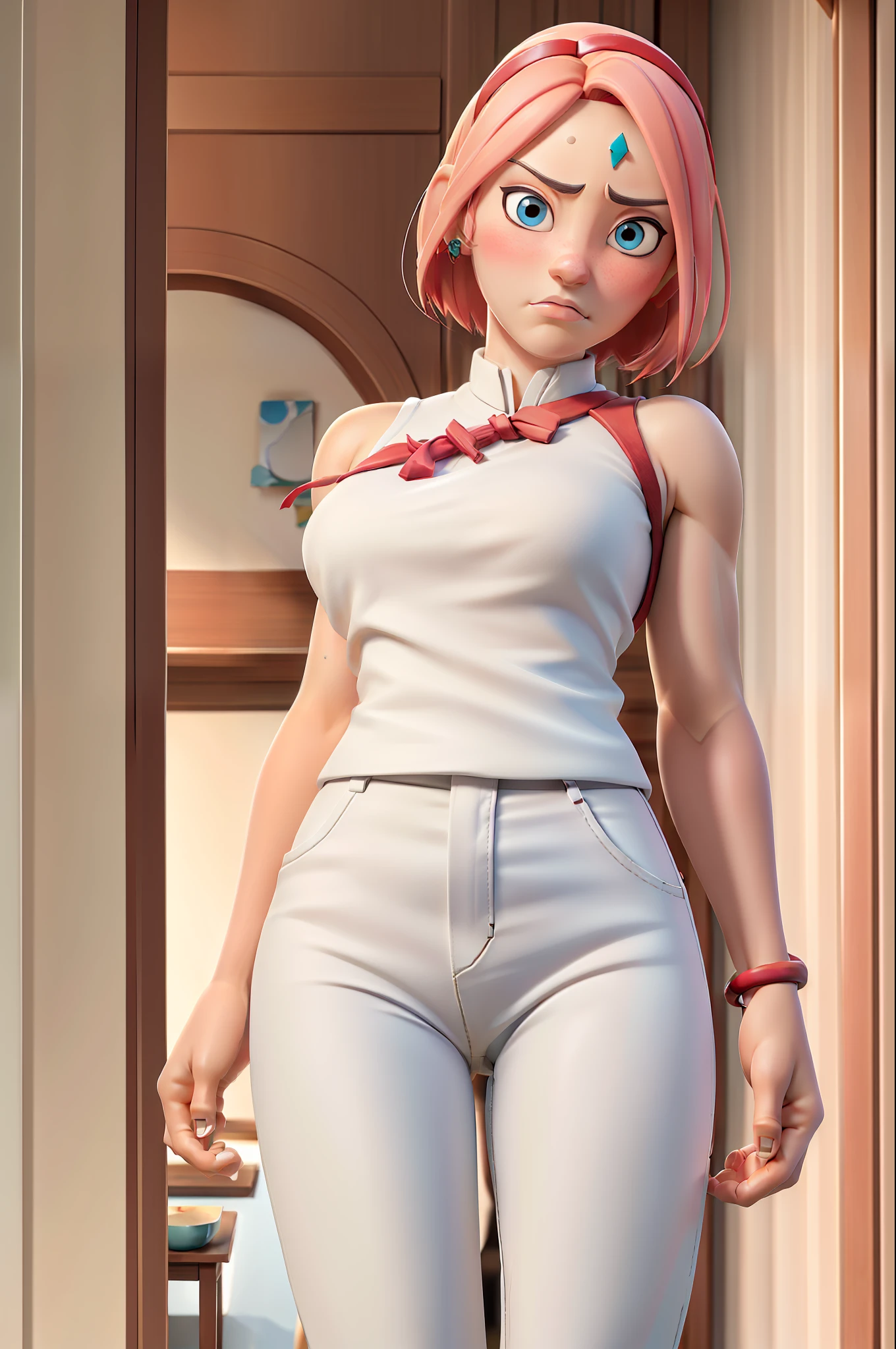 (masterpiece), best quality, expressive eyes, perfect face, haruno sakura, white pants, forehead mark, red hairband, huge breasts,