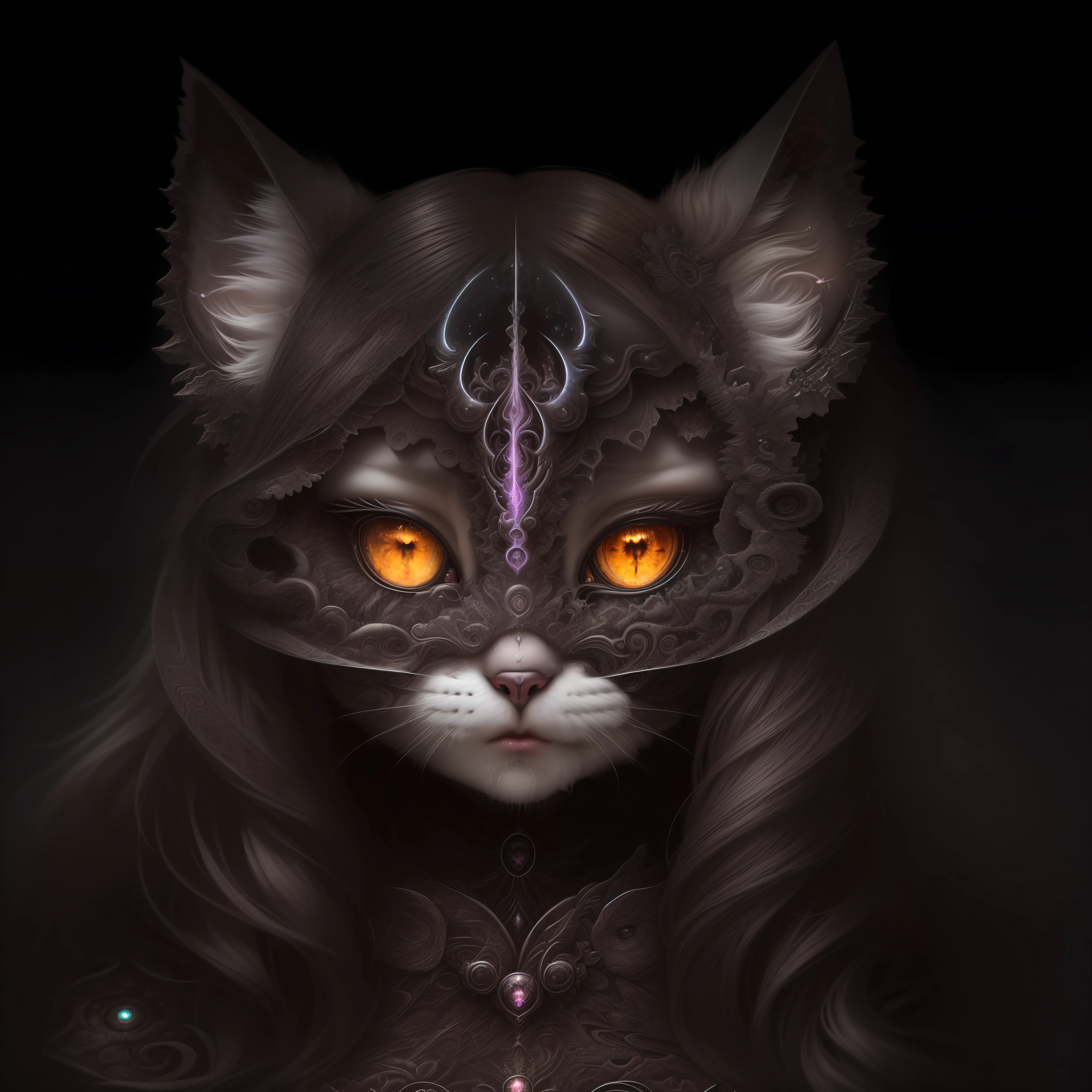 (absurdres, highres, ultra detailed), 1girl, solo, extremely detailed eyes, (official art, beautiful and aesthetic:1.2), (dark art,erosion,fractal art :1.3), colorful, horror,highest detailed, (fluffy cat ears)