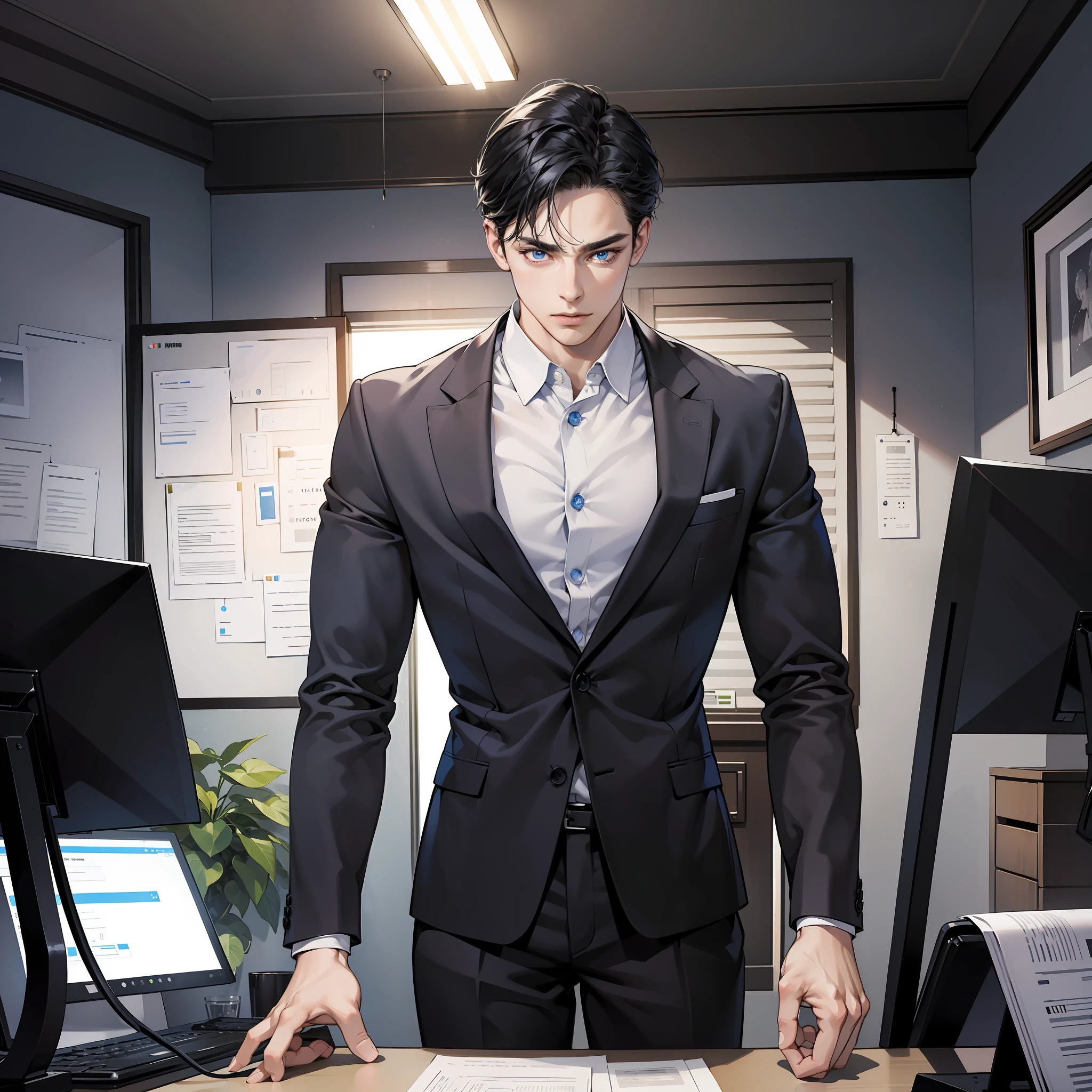 Masterpiece, high quality, best quality, beautiful, HD, realistic, perfect lighting, detailed face, detailed body, 1 man, black hair, blue eyes, masculinity, suit, (dull expression: 1.5) (face natural: 1.5), standing office: 1.2, surrounded by modern furniture and technology