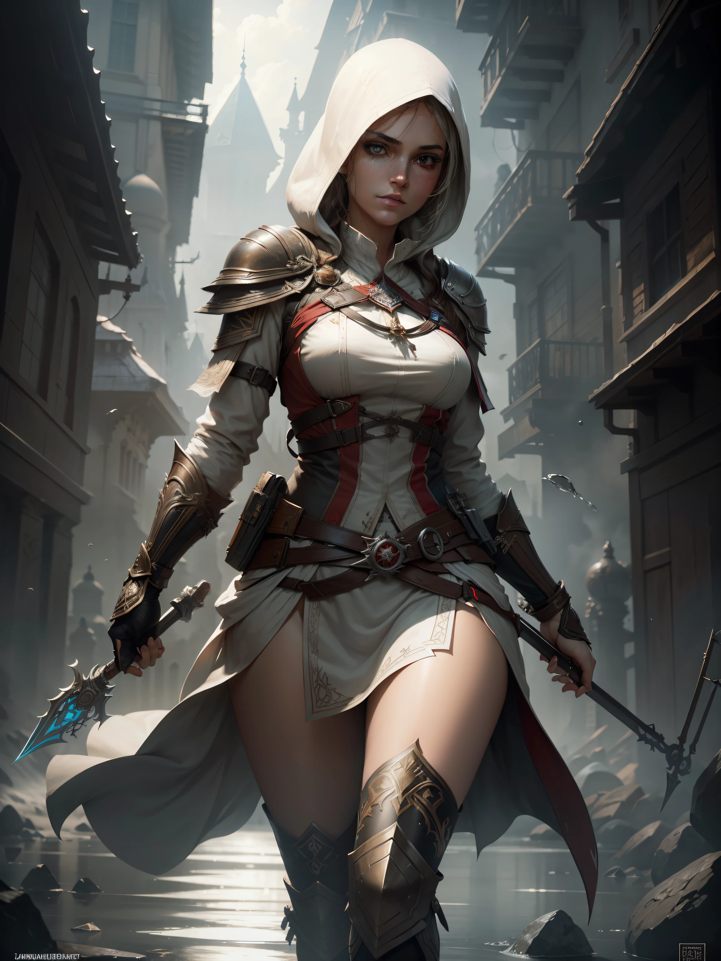 Altair medium female full shot of Assassin's Creed, full body, detailed symmetrical hazelnut eyes, beautiful detailed face, dynamic pose, in the style of artists like Russ Mills, Darek Zabrocki, Ivan laliashvili, Jean-Baptiste Monge. Water-dropped ink, splash drips, paper texture, manga paste and perfect shading, with dramatic lighting. The artwork should be centralized, stylized, and elaborate. TanvirTamim. rendered in 8K resolution for high-quality detail, artstation, concept art, smooth and sharp focus, illustration, highly detailed smooth natural volumetric cinematic light, intricate art masterpiece