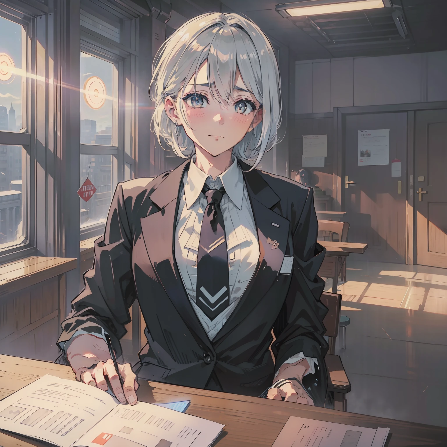 A man with a strong figure in a black suit, Sit in the boss's chair in the office, Rest your feet on your desk, jitome, seductive smile, torogao, glint, fang, fume, chin grab, white hair, tearing up, bright pupils, full blush, black hair, raised eyebrows, sleepy, cinematic lighting, cowboy shot, lens flare, projected inset, zoom layer, letterboxed, polar opposites, dutch angle, perspective, UHD, highres