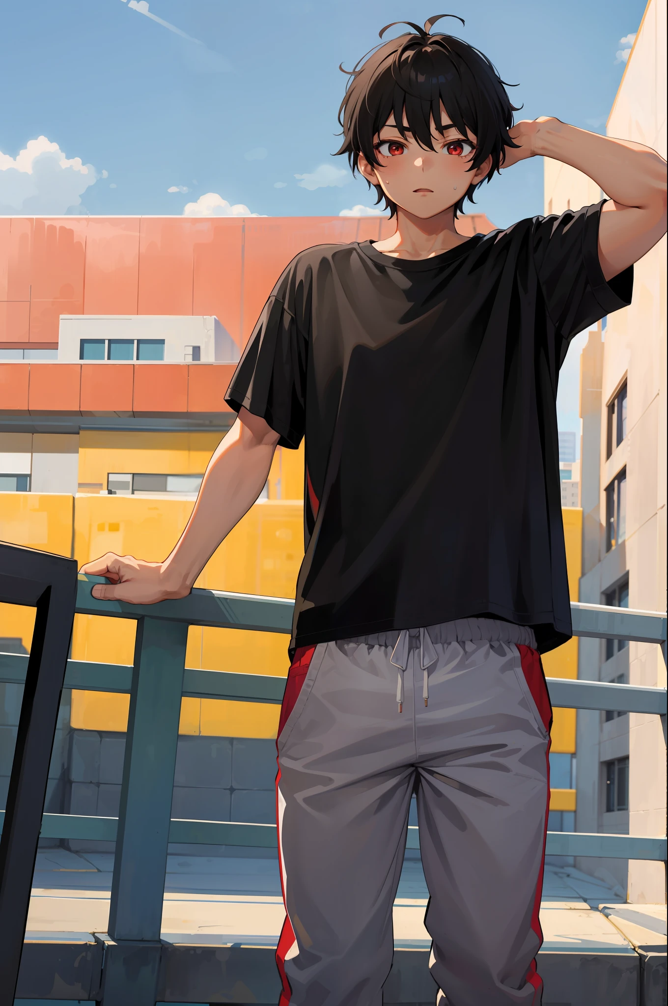 masterpiece, city, 1boy, black hair, red eyes, gray t-shirt, sweatpants