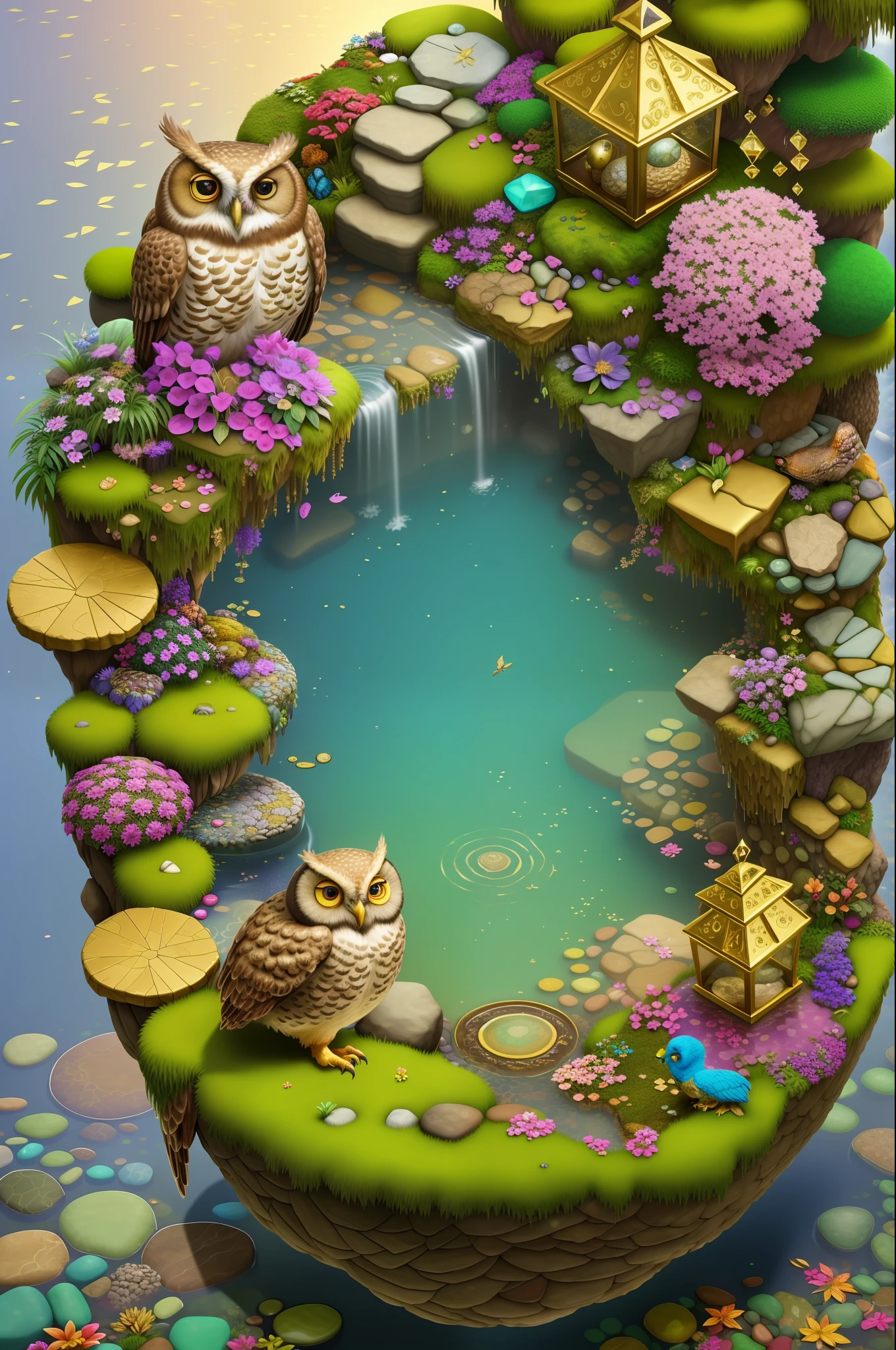 isometric 3d art of floating giant owl, many multi-layered gold leaf art, cobblestones, flowers, verdant, stones, colorfully moss, fish pool, waterfall, simple background, ultra realistic, lots of stuffed gems and various clutter and mess in background