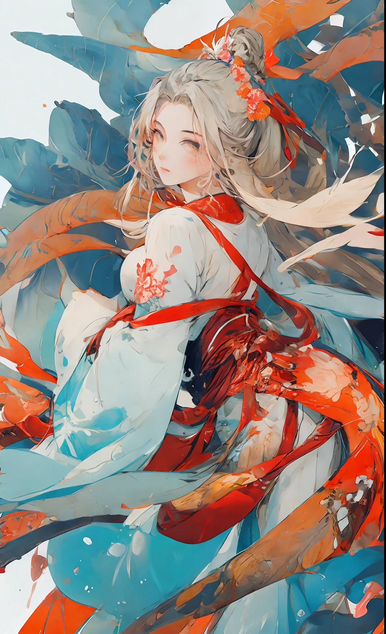 Cold facial features, high nose bridge, slender eyes, hanging eyes, adult female, thirty-year-old female, serious expression, cold, masterpiece, best quality, official art, 8k wallpaper, very detailed, a girl, ancient chinese clothing, full body, sunlight, clear face, clean white background, masterpiece, super detail, epic composition, ultra hd, high quality, extremely detailed, official art, uniform 8k wallpaper, super detail, 32k red pupils, an extremely delicate and beautiful girl, 8k wallpaper, Best quality, full body close-up, white long dress, luxurious silky bright red chiffon flood (illusion, glitter, ultra-thin, soft,) Hanfu illustration, 1 girl, sky blue hair, long hair, detailed eyes, Forrest Gump, bare shoulders, Hanfu, lake, pure, soft smile, bamboo, tea, high quality, masterpiece, masterpiece, exquisite facial features, delicate hair, delicate eyes, delicate colored hair, 4K picture quality, brilliant light and shadow, Tyndall effect, halo, messy hair, youthful state, gorgeous scene, exquisite clothes, chains , feathers, big eyes of ancient Chinese beauties very detailed, digital painting, artstation, concept art, clear focus, illustration, art by Greg Rutkowski and Alphonse Mucha and Victo ngai