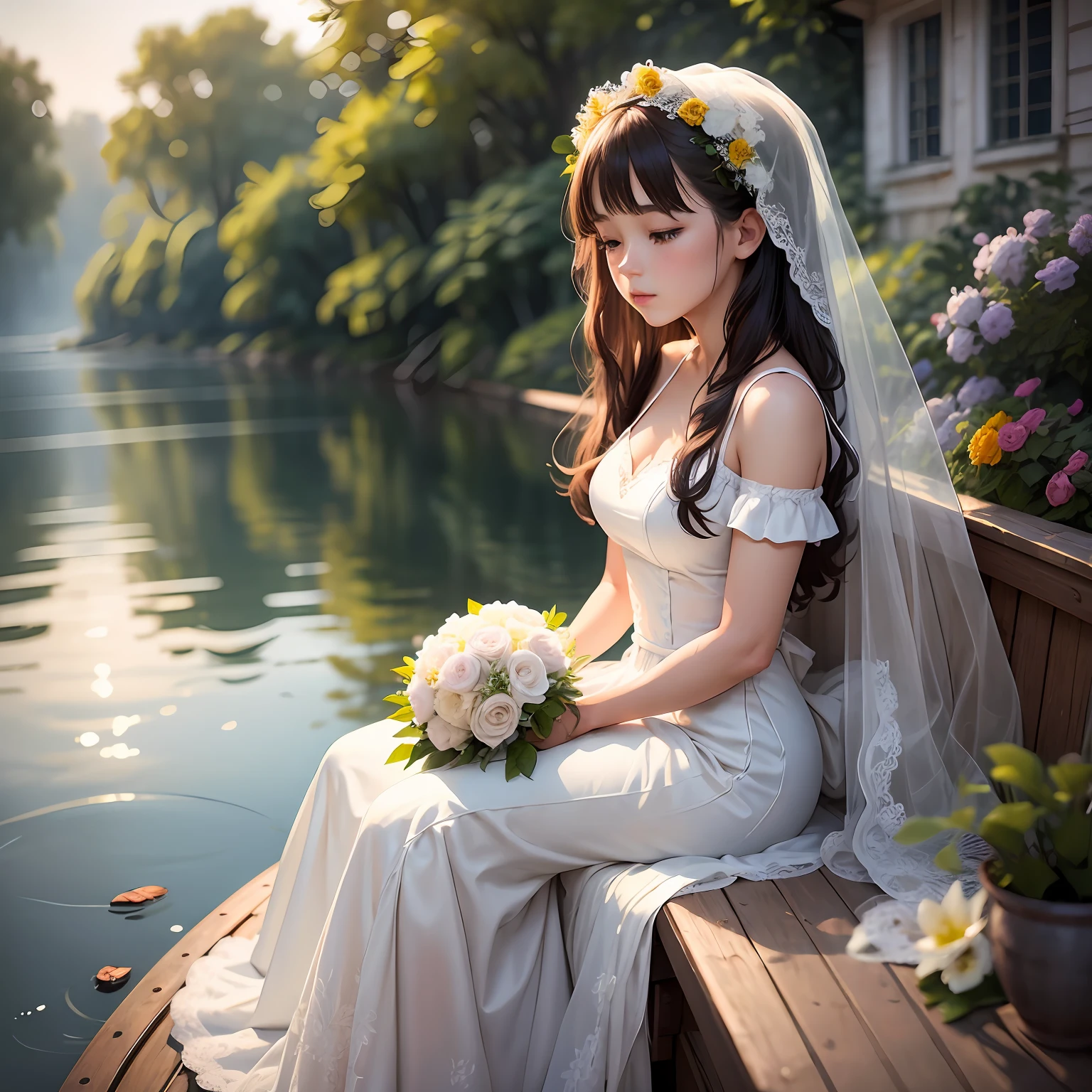 A 22 years old bride on a boat with a bouquet waiting for the groom. light haze, in the opened style by igor zenin, Extremely detailed, Delicate watercolor illustration, a ultra detailed old timey the small boat overgrown with big balcony- flowers on a dreamlike stream in the fresh morning light, ultra sharp. realism, , Warm color palette, Pastel colors, White background, Cozy --auto --s2