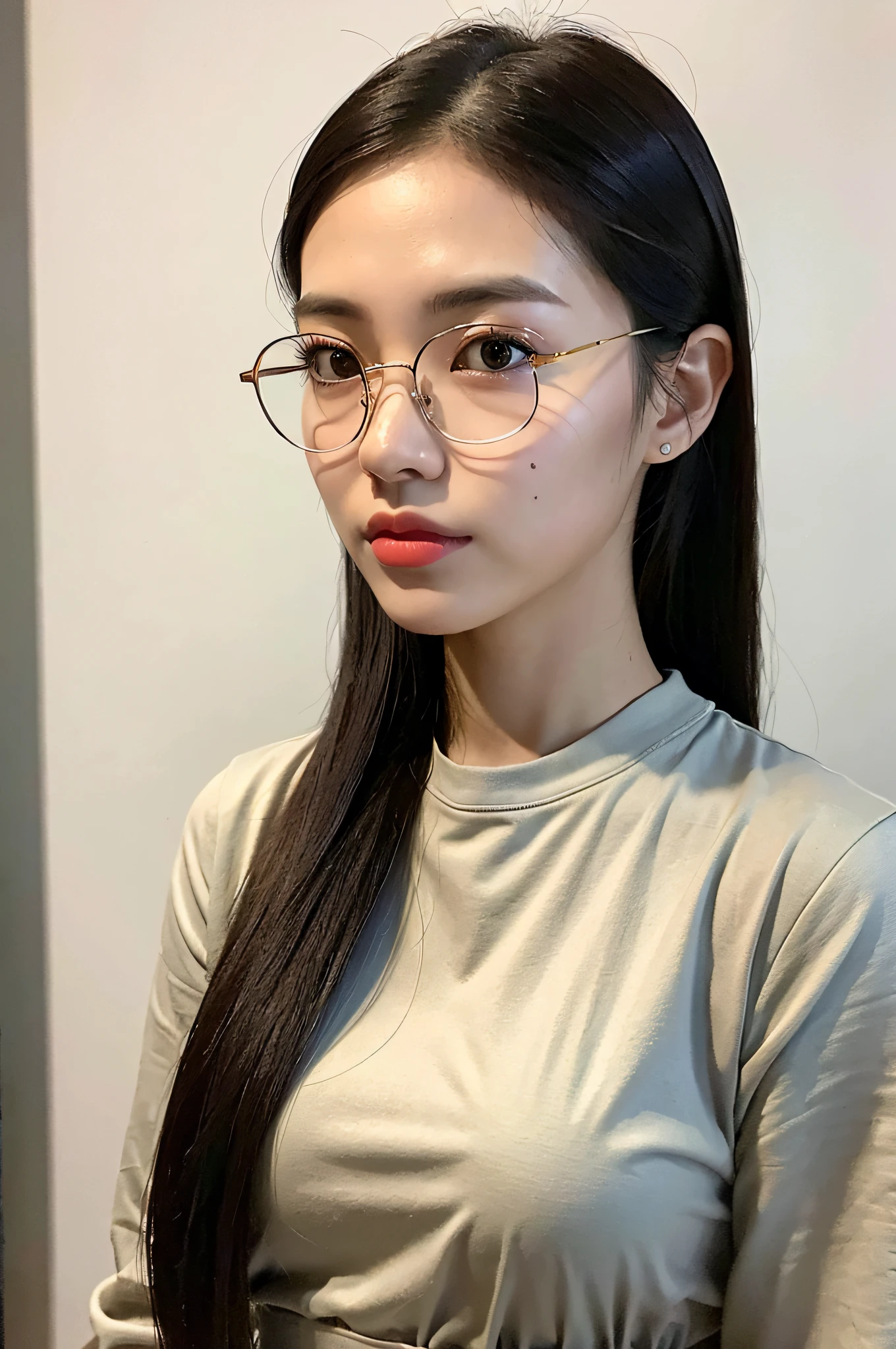 ((Best Quality, 8K, Masterpiece: 1.3)), 1 Girl, Side Shot: 1.2, Beautiful Burmese Woman with Slender Abs: 1.3, (Casual Hairstyle,: 1.2), Big Breasts, Thin Waist, Nurse's Wear, Round Gold Rimmed Glasses, Indoor, Super Detailed Face, Detailed Eyes, Double Eyelids, Full Body