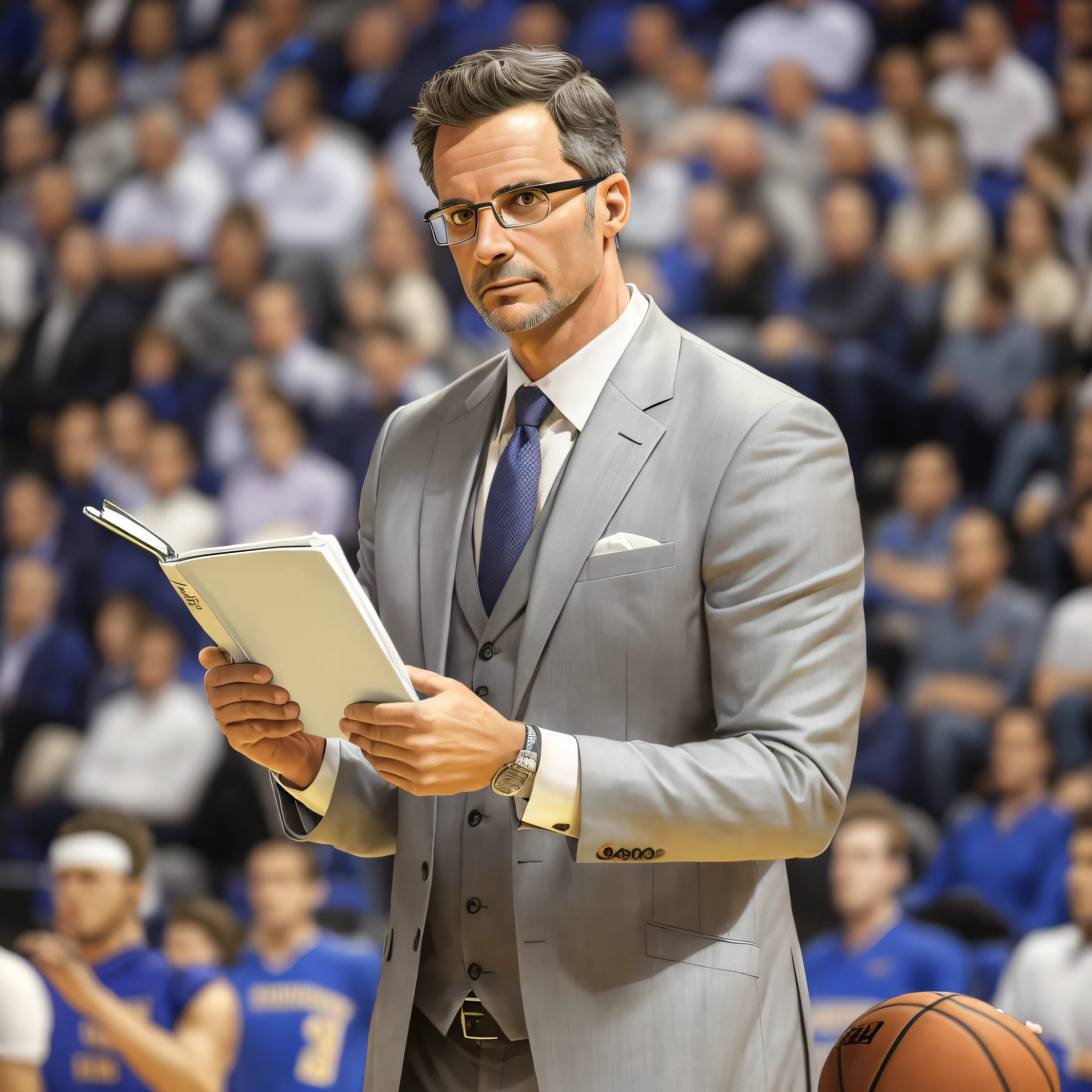 (((best quality))), (((ultra detailed))),(((masterpiece))),illustration, male, 40 years old, mature, wearing a suit and glasses, basketball coach, standing on the sideline with a notebook, recording everyone's performance, in a luxurious basketball court background.