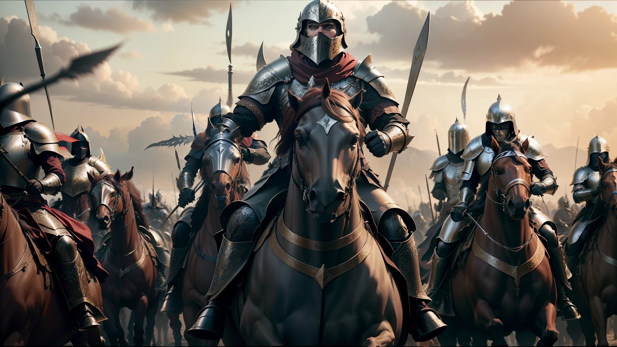 there are many people riding horses with helmets and armor on, cinematic digital art, anamorphic flares, persian warrior, 2018 cinematography, shining plate armor, islam, by Koloman Sokol, gothic armor, video animation, undead winged hussar, cgsociety 9