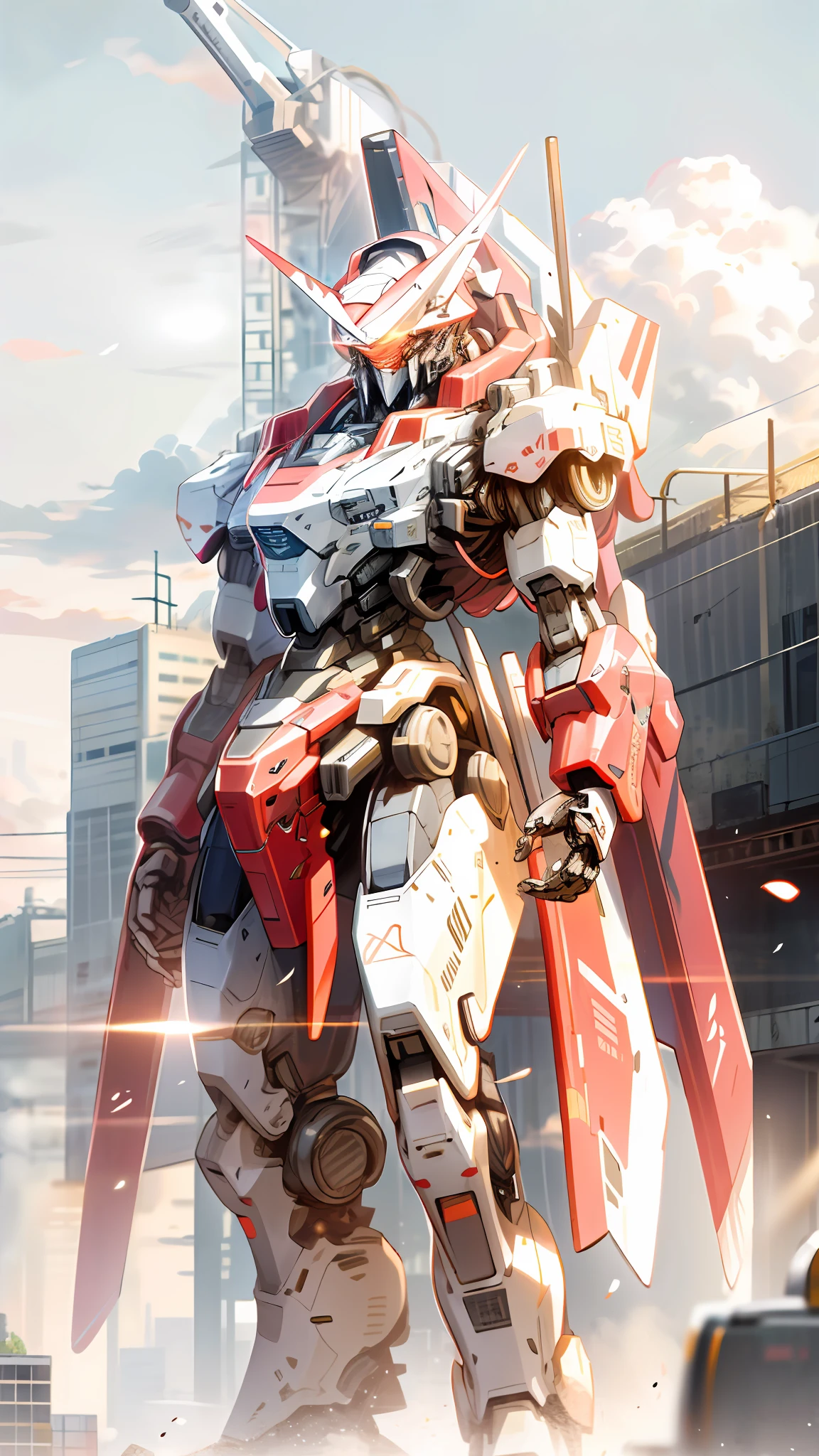 sky, cloud, holding_weapon, no_humans, glowing, , robot, building, glowing_eyes, mecha, science_fiction, city, realistic,mecha