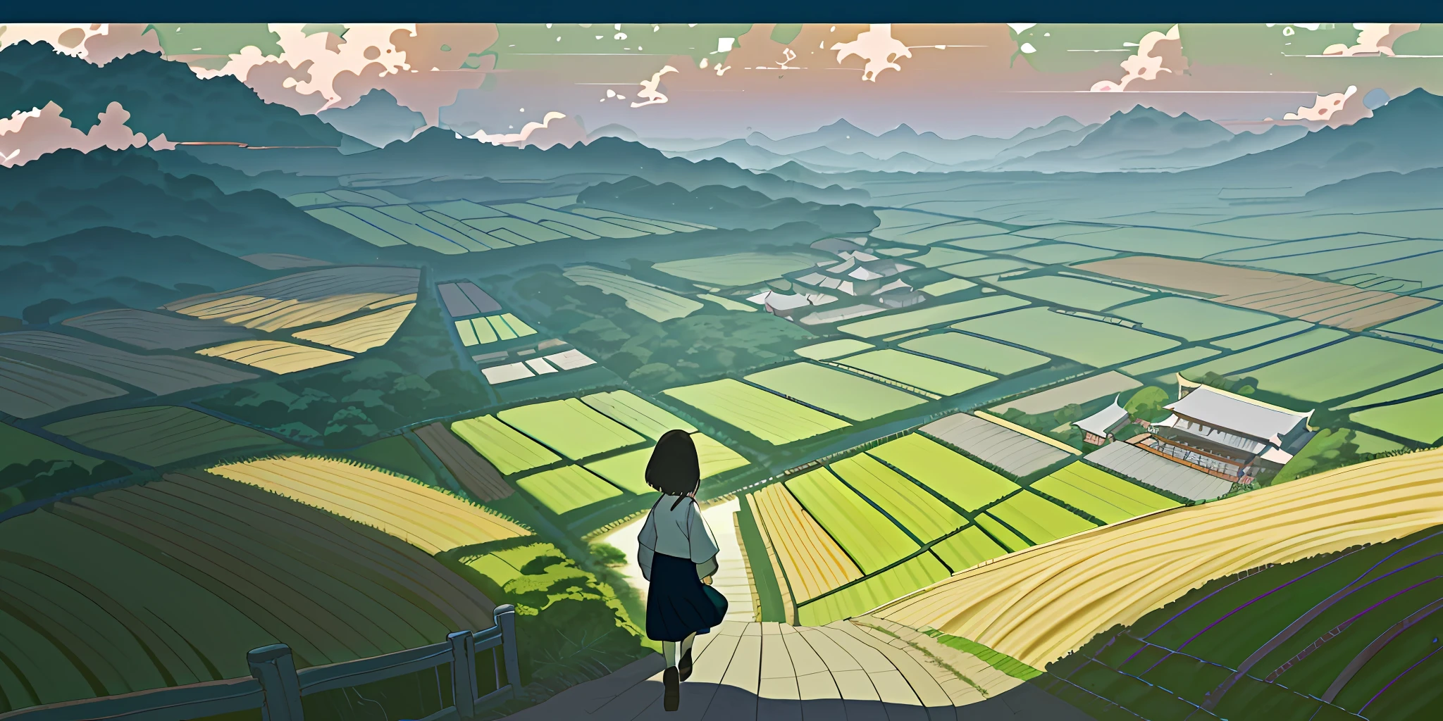 (Japanese Landscape), (Hayao Miyazaki Style), (Japanese Manga, Scenery Photo, Tranquil Video), (, Country Road, Japanese Ancient Architecture), Gradient Color, Soft Palette, Layered Sense, Ethereal style, mobile wallpaper, 8k, UHD, 4K, --v6