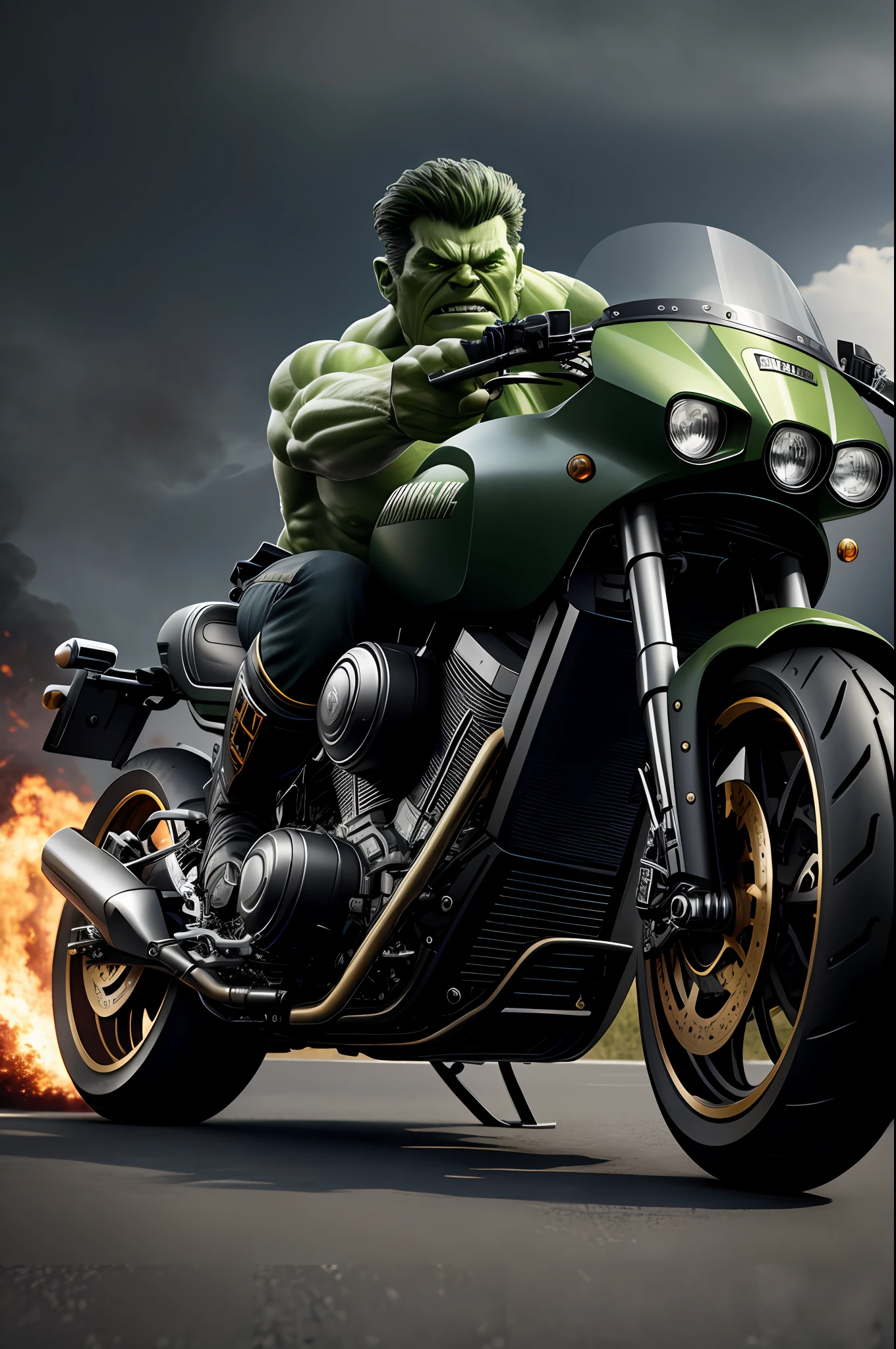 (8k, RAW photo, best quality, masterpiece:1.2), ultra detailed, official art, photo-realistic:1.37, High quality shot, marvel The Hulk Dark Burning Big Cruiser motorbike, film grain, action pose, detailed face