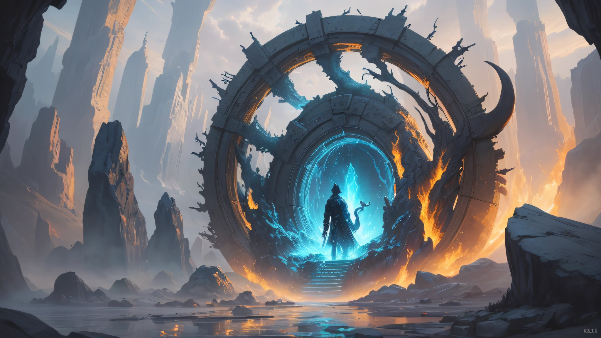 painting of a dragon and a man in a cave with a fountain, studying a hell open rift portal, vortex portal banish the elders, concept art magical highlight, odin's stone arena background, a portal to the lost flame realm, portal into anotheer dimension, summoning an eldritch god, portal to the ethereal realm, colossale interstellar portal --auto --s2