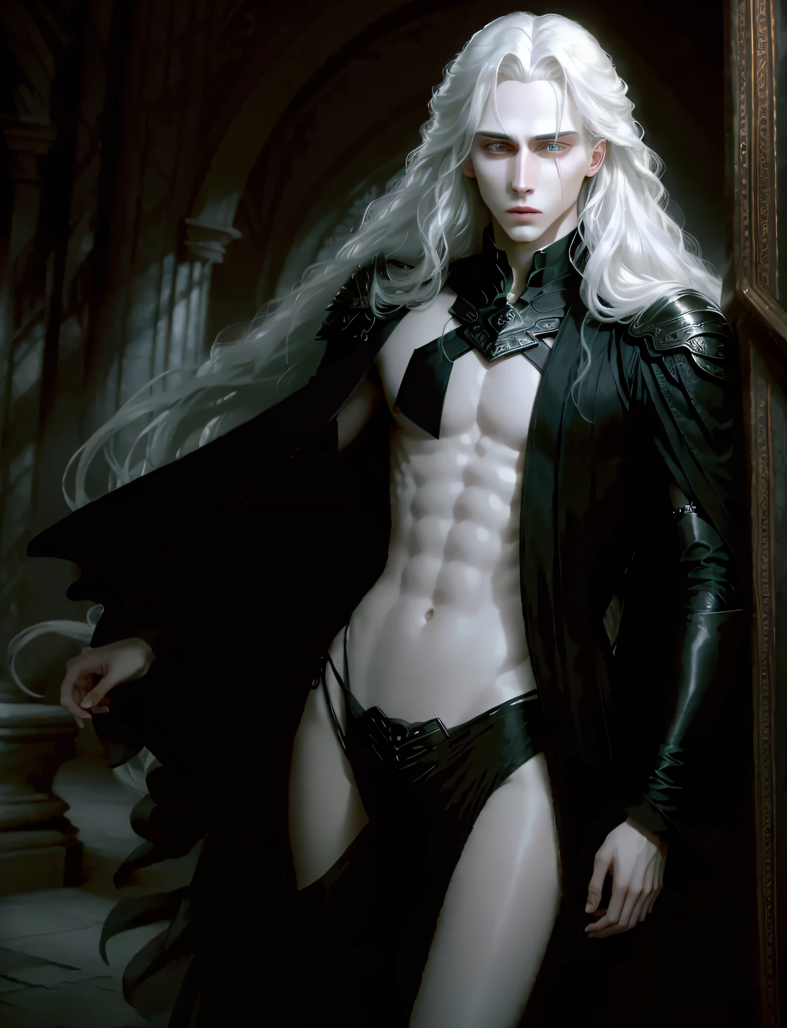 masterpiece, highest quality, (solo focus), (perfect face:1.1), (high detail:1.1), dramatic, 1guy, (pale skin), long white hair, white eyes, (light eyebrows), solo, long hair, Gerhard Freidl, moon, night, white luxury thong, covered navel, pouty lips, fur, arrogant expression, futuristic city, detailed background, art by artgerm, cinematic lighting, roses, fashion, BalenciagaStyle
