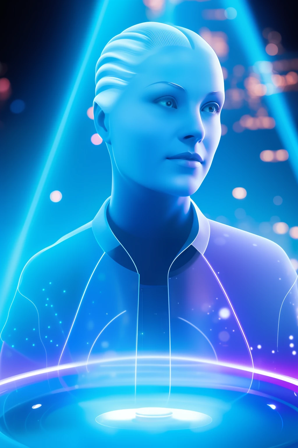 A female face worged by a hologram.   The hologram is generated by a rounded base on a table or console. The lights that form the image are of the type codes of the matrix film only in blue color. Behind a science lab with great background blur